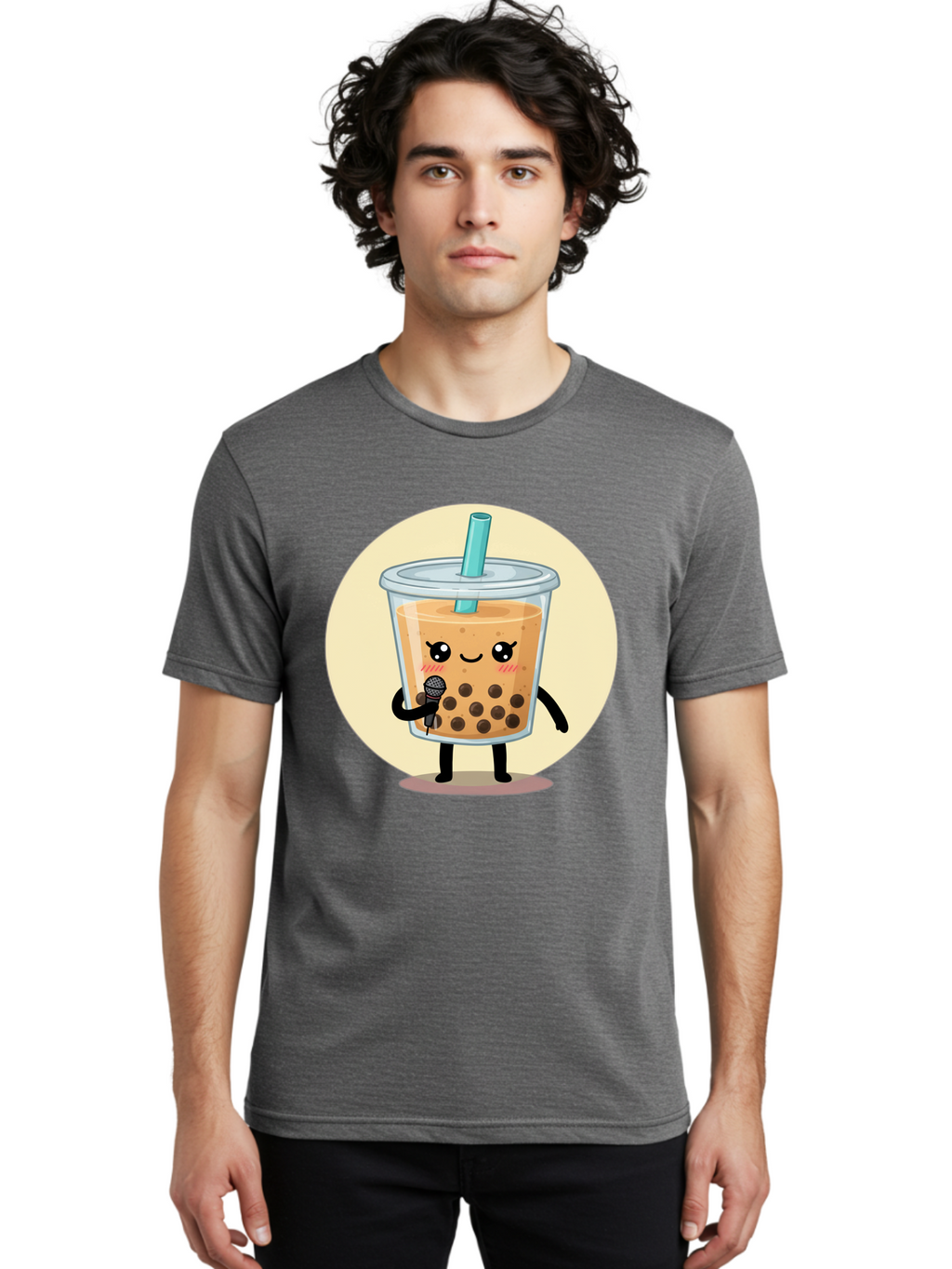 Bubble-Tea-12 Men'S Graphic Tee, 100% Cotton, Comfortable Casual Summer Wear, Machine Washable, Cartoon Bubble Tea, Adorable Character, Kawaii, Cute Illustration, Boba Drink, Microphone, Straw, Charming Personality, Fun Design, Playful Vibe, Bac692
