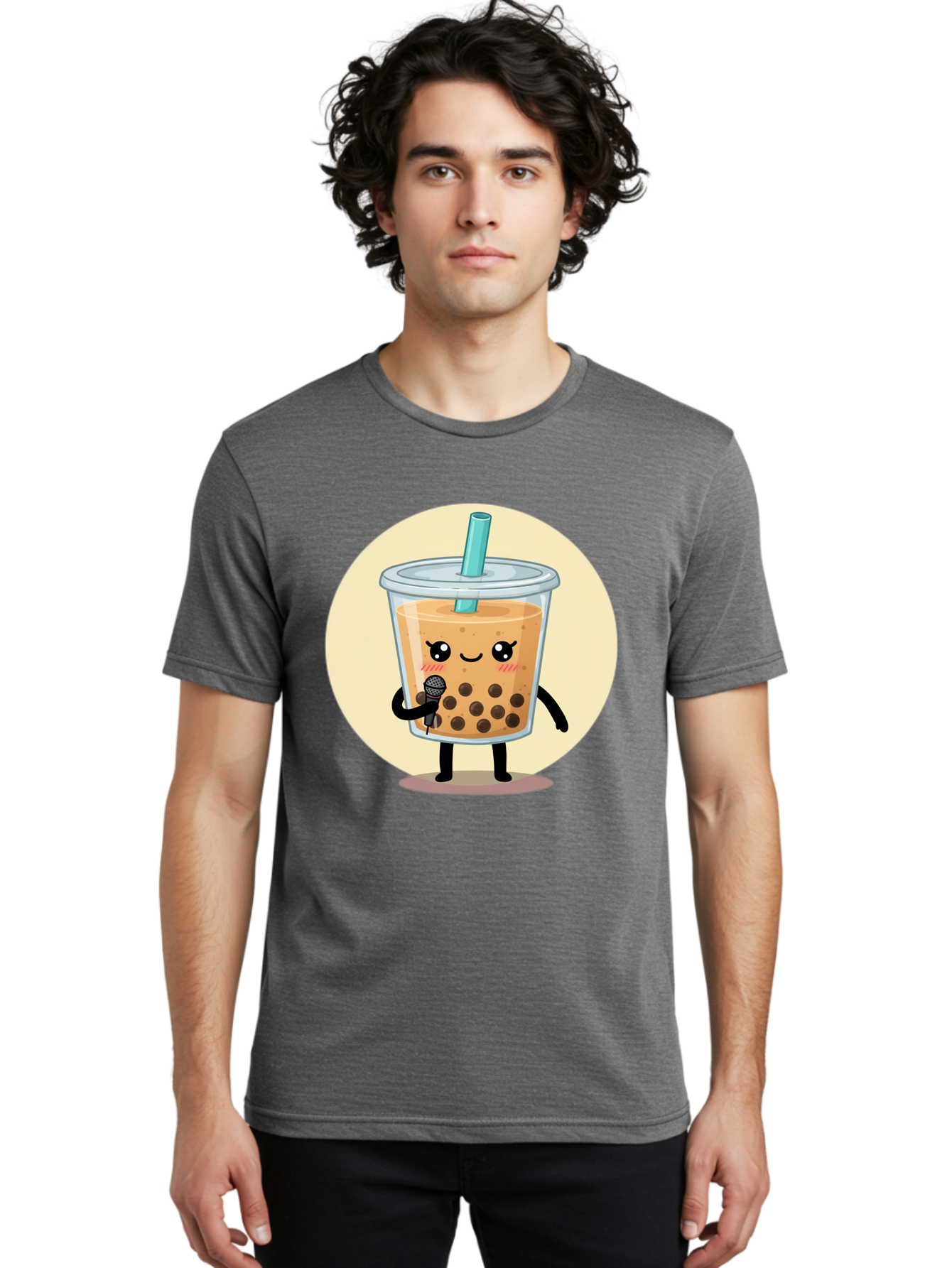 Bubble-Tea-12 Men'S Graphic Tee, 100% Cotton, Comfortable Casual Summer Wear, Machine Washable, Cartoon Bubble Tea, Adorable Character, Kawaii, Cute Illustration, Boba Drink, Microphone, Straw, Charming Personality, Fun Design, Playful Vibe, Bac692