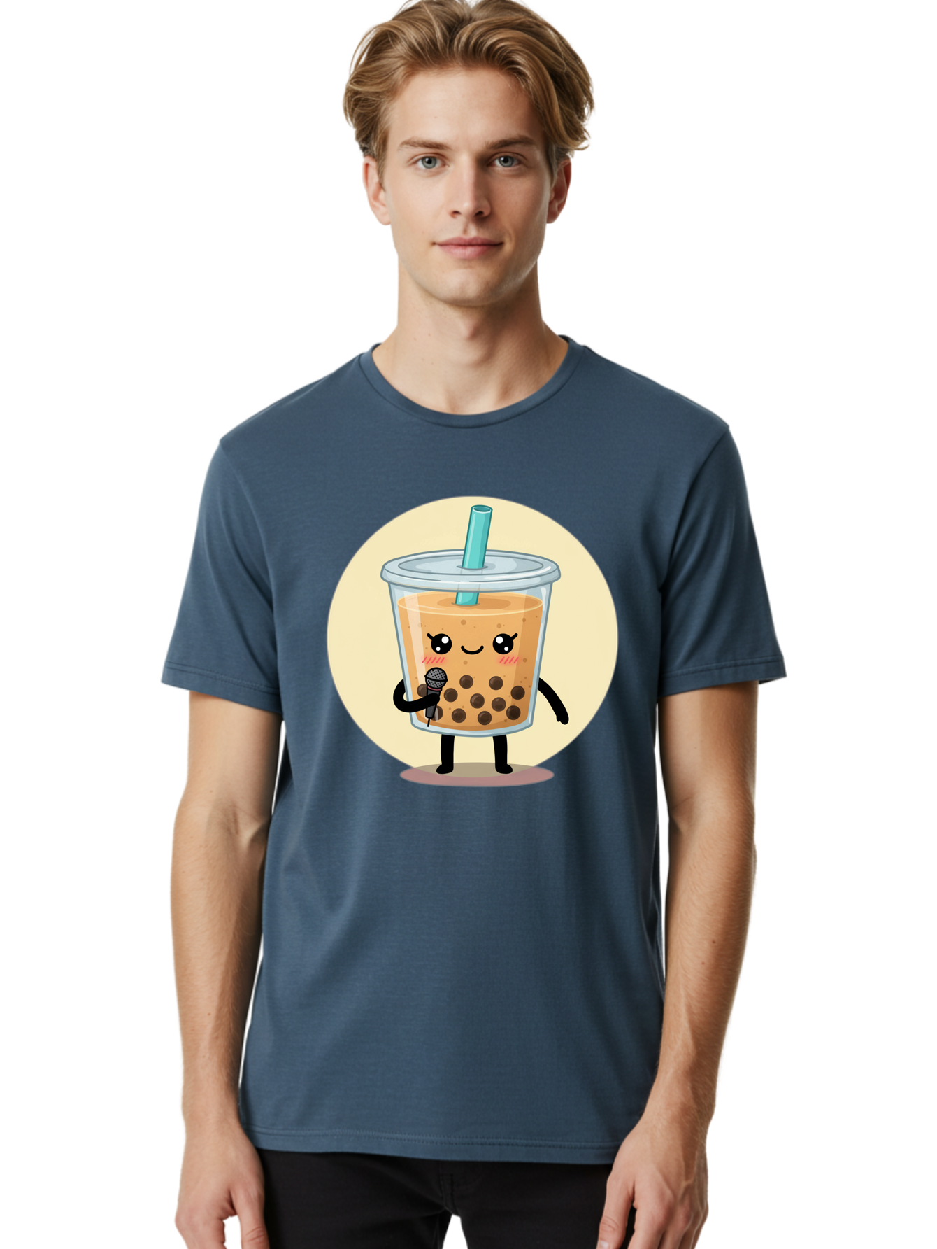 Bubble-Tea-12 Men'S Graphic Tee, 100% Cotton, Comfortable Casual Summer Wear, Machine Washable, Cartoon Bubble Tea, Adorable Character, Kawaii, Cute Illustration, Boba Drink, Microphone, Straw, Charming Personality, Fun Design, Playful Vibe, Bac692