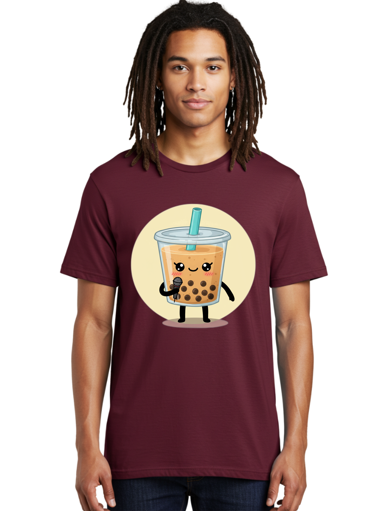 Bubble-Tea-12 Men'S Graphic Tee, 100% Cotton, Comfortable Casual Summer Wear, Machine Washable, Cartoon Bubble Tea, Adorable Character, Kawaii, Cute Illustration, Boba Drink, Microphone, Straw, Charming Personality, Fun Design, Playful Vibe, Bac692
