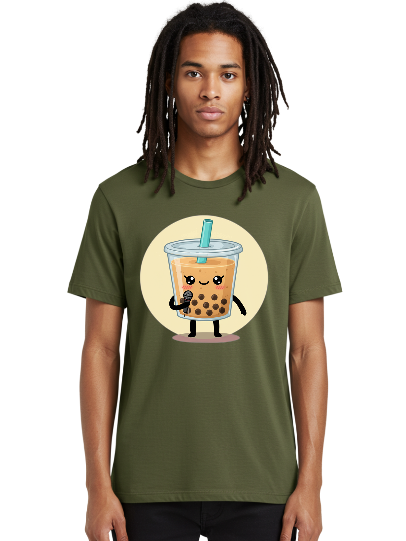 Bubble-Tea-12 Men'S Graphic Tee, 100% Cotton, Comfortable Casual Summer Wear, Machine Washable, Cartoon Bubble Tea, Adorable Character, Kawaii, Cute Illustration, Boba Drink, Microphone, Straw, Charming Personality, Fun Design, Playful Vibe, Bac692
