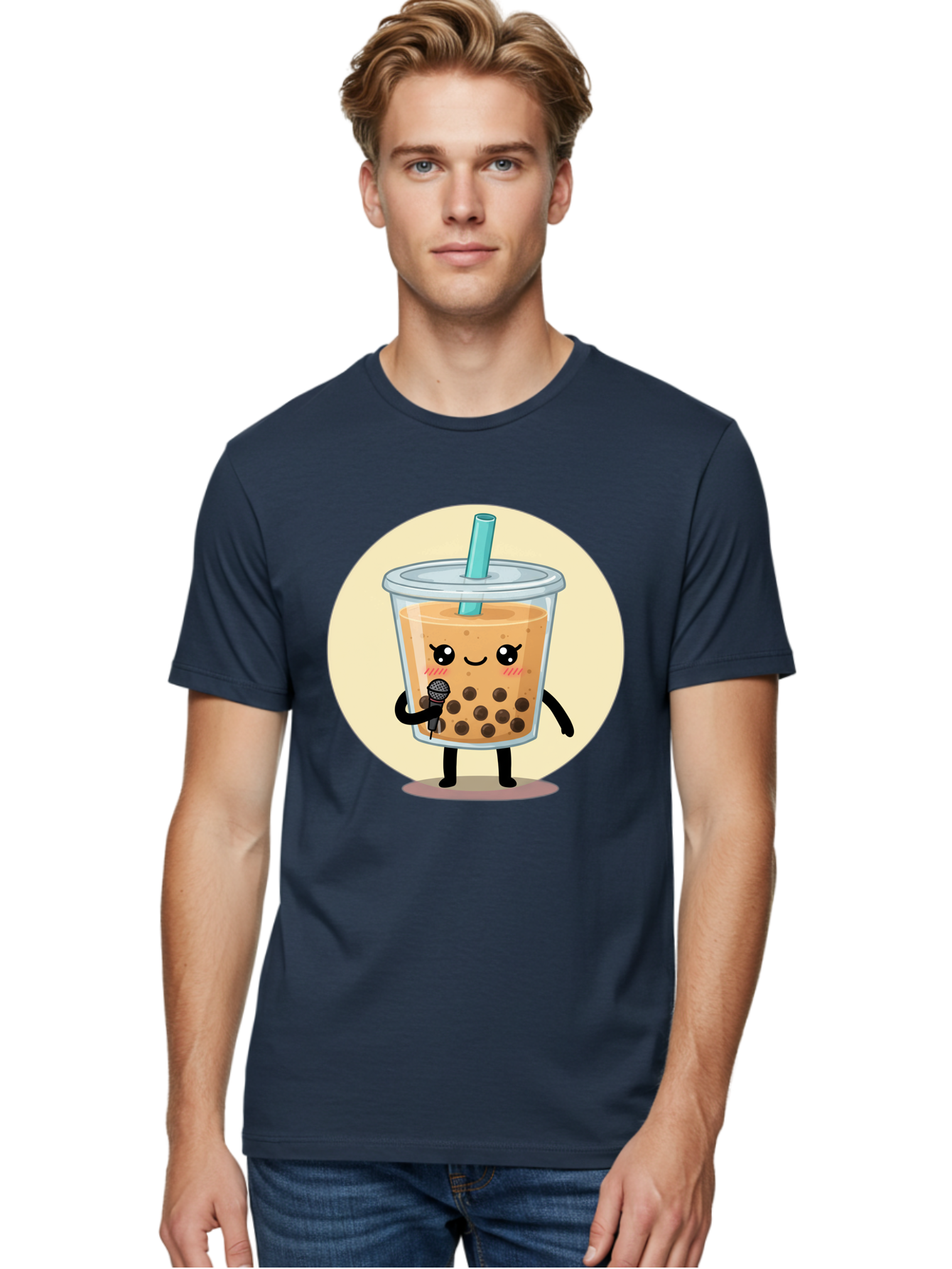 Bubble-Tea-12 Men'S Graphic Tee, 100% Cotton, Comfortable Casual Summer Wear, Machine Washable, Cartoon Bubble Tea, Adorable Character, Kawaii, Cute Illustration, Boba Drink, Microphone, Straw, Charming Personality, Fun Design, Playful Vibe, Bac692