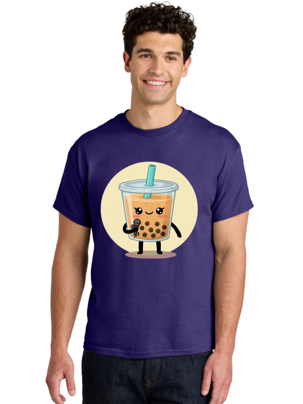 Bubble-Tea-12 Men'S Graphic Tee, 100% Cotton, Comfortable Casual Summer Wear, Machine Washable, Cartoon Bubble Tea, Adorable Character, Kawaii, Cute Illustration, Boba Drink, Microphone, Straw, Charming Personality, Fun Design, Playful Vibe, Bac692