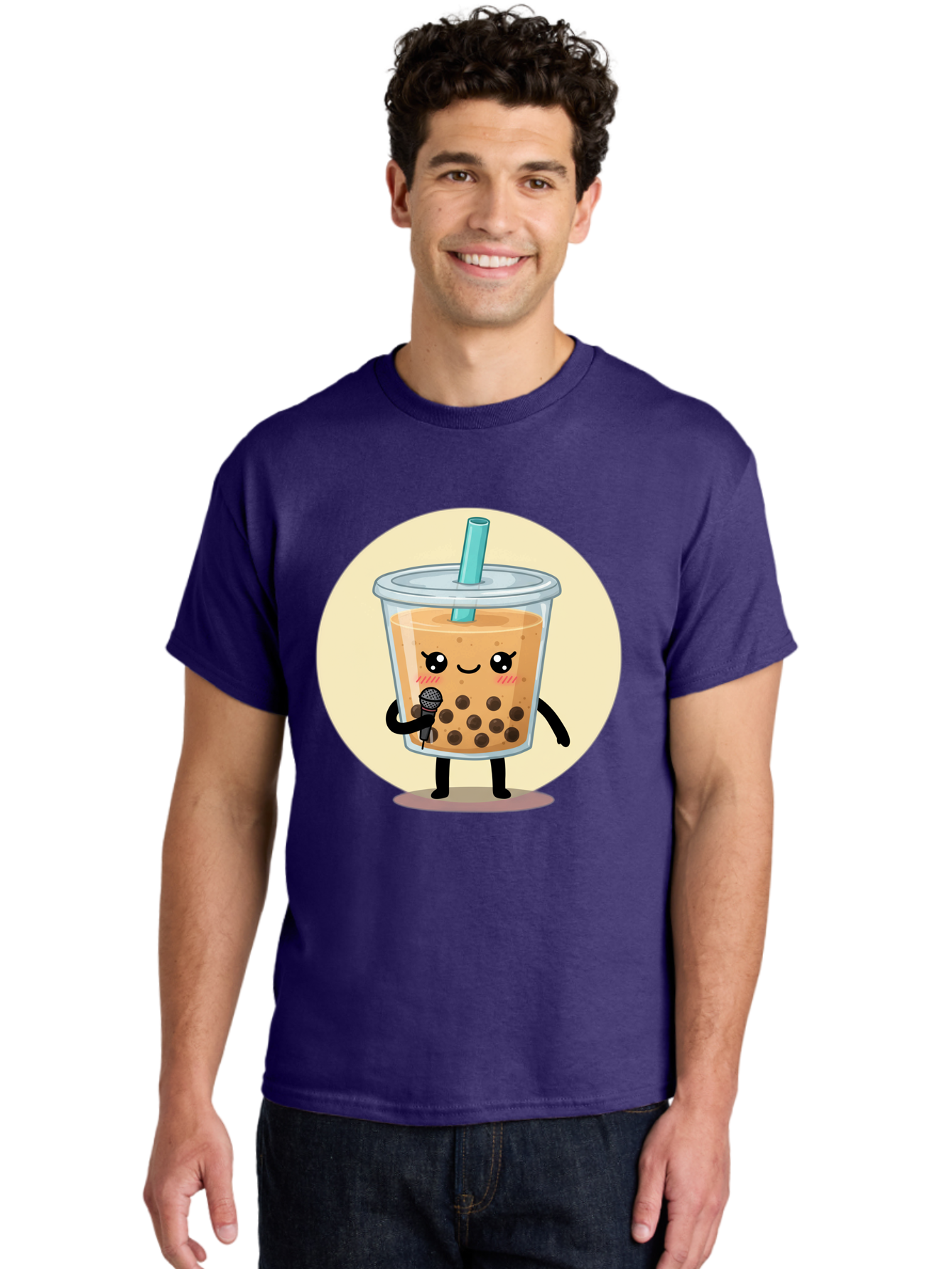 Bubble-Tea-12 Men'S Graphic Tee, 100% Cotton, Comfortable Casual Summer Wear, Machine Washable, Cartoon Bubble Tea, Adorable Character, Kawaii, Cute Illustration, Boba Drink, Microphone, Straw, Charming Personality, Fun Design, Playful Vibe, Bac692