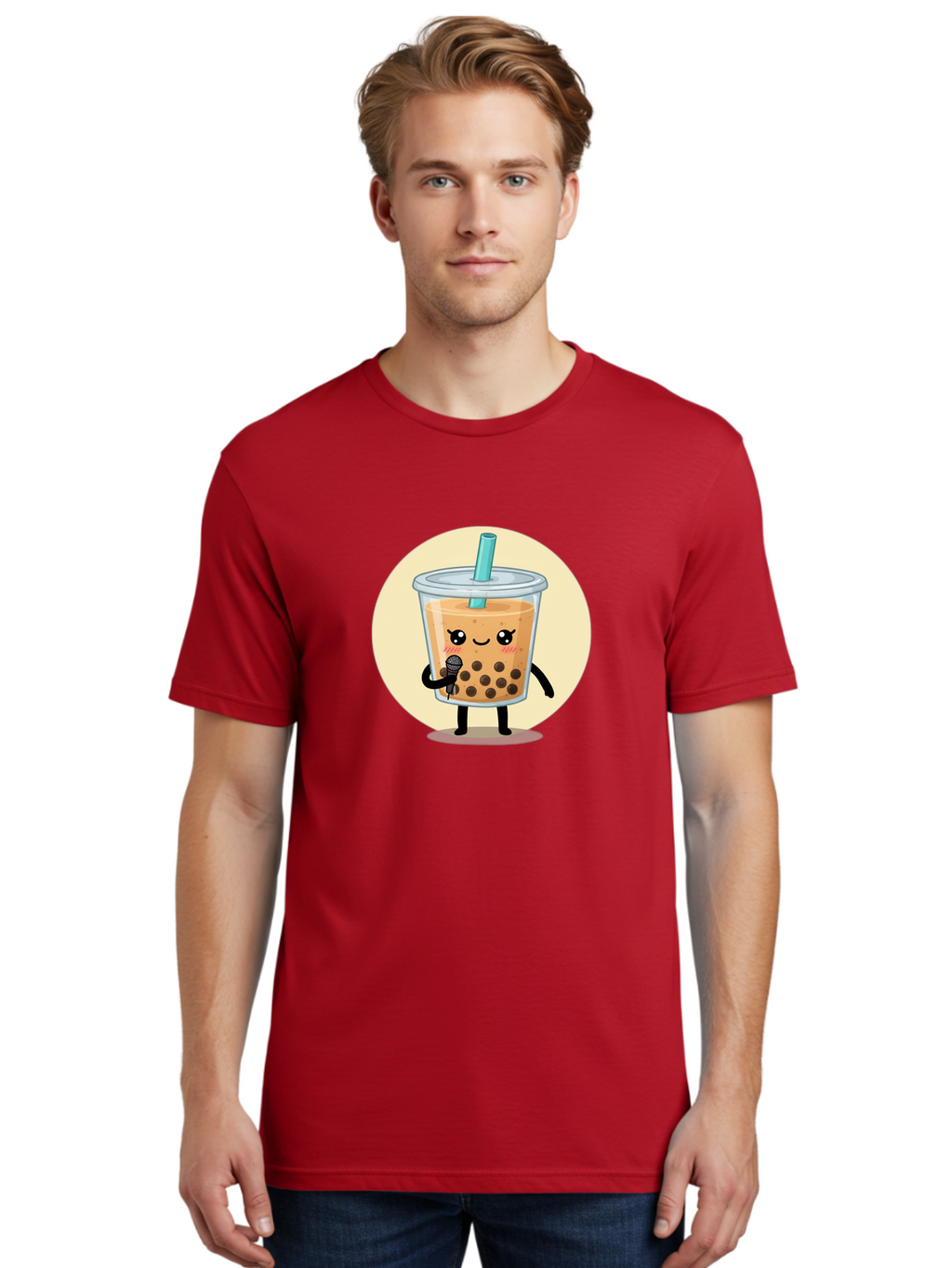 Bubble-Tea-12 Men'S Graphic Tee, 100% Cotton, Comfortable Casual Summer Wear, Machine Washable, Cartoon Bubble Tea, Adorable Character, Kawaii, Cute Illustration, Boba Drink, Microphone, Straw, Charming Personality, Fun Design, Playful Vibe, Bac692