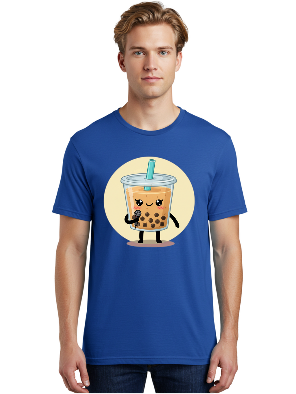 Bubble-Tea-12 Men'S Graphic Tee, 100% Cotton, Comfortable Casual Summer Wear, Machine Washable, Cartoon Bubble Tea, Adorable Character, Kawaii, Cute Illustration, Boba Drink, Microphone, Straw, Charming Personality, Fun Design, Playful Vibe, Bac692