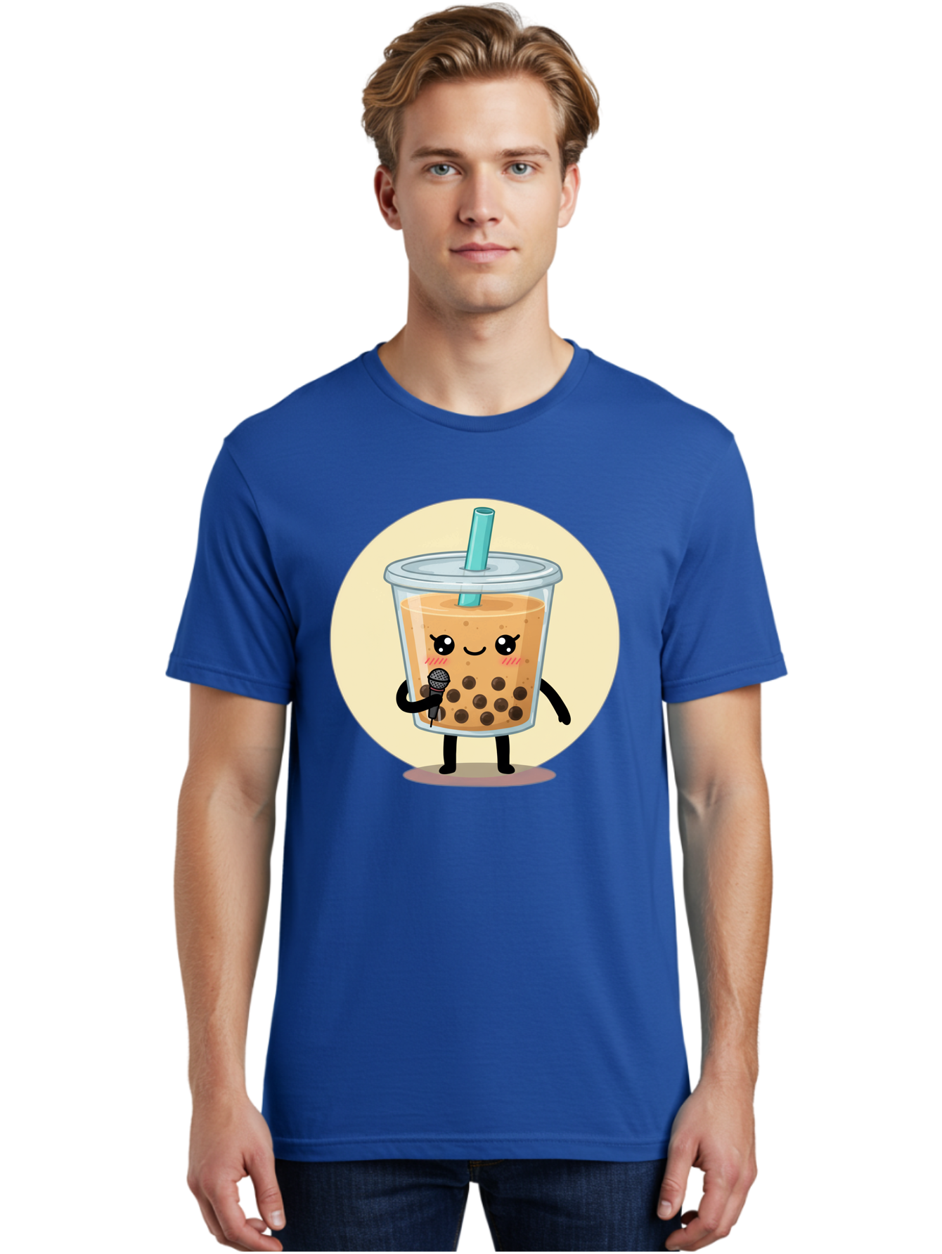 Bubble-Tea-12 Men'S Graphic Tee, 100% Cotton, Comfortable Casual Summer Wear, Machine Washable, Cartoon Bubble Tea, Adorable Character, Kawaii, Cute Illustration, Boba Drink, Microphone, Straw, Charming Personality, Fun Design, Playful Vibe, Bac692