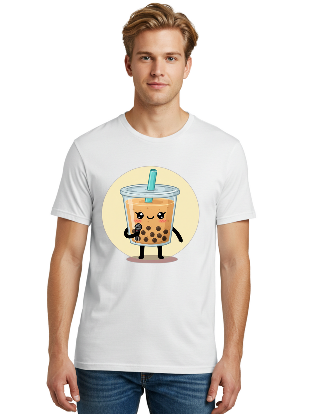 Bubble-Tea-12 Men'S Graphic Tee, 100% Cotton, Comfortable Casual Summer Wear, Machine Washable, Cartoon Bubble Tea, Adorable Character, Kawaii, Cute Illustration, Boba Drink, Microphone, Straw, Charming Personality, Fun Design, Playful Vibe, Bac692