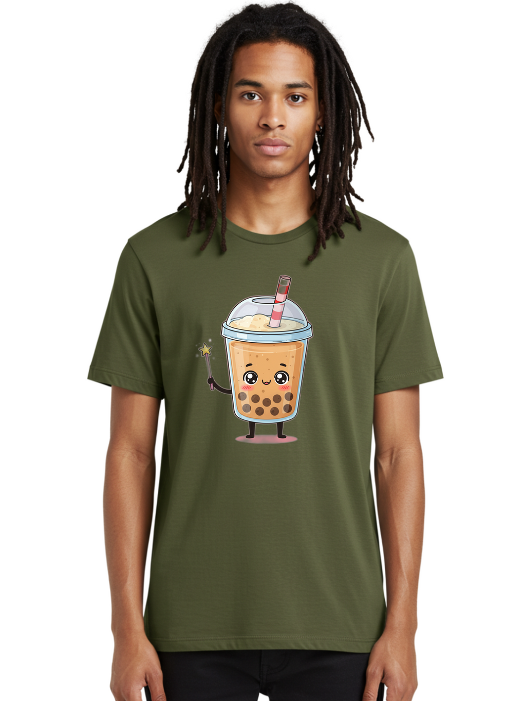 Bubble-Tea-14 Men'S Graphic Tee, 100% Cotton, Comfortable Casual Summer Wear, Machine Washable, Cute Bubble Tea, Cartoon Character, Boba Drink, Magical Wand, Whimsical Design, Adorable Expression, Tea Lover, Animated Beverage, Fantasy Drink, Bac694