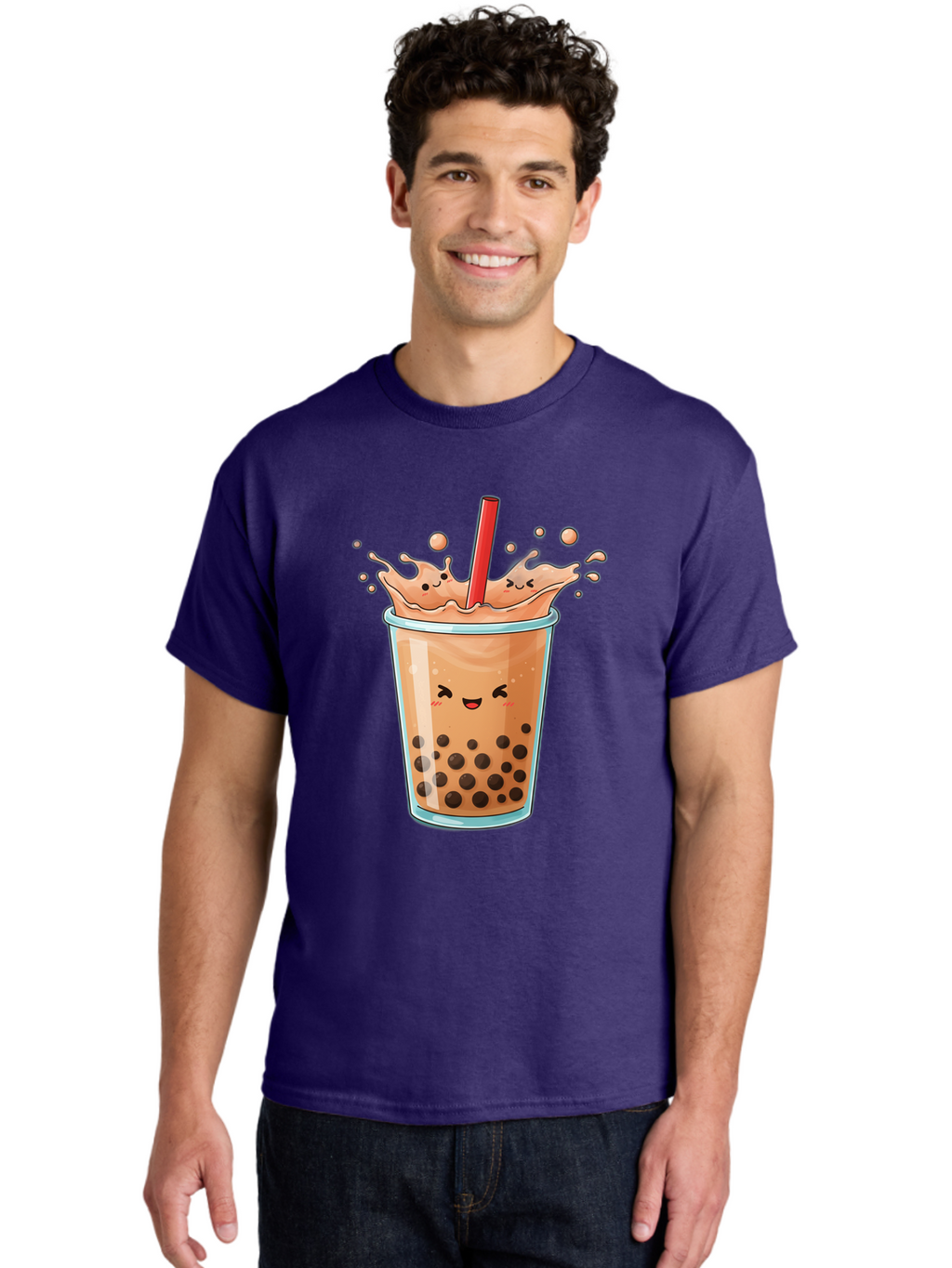 Bubble-Tea-17 Men'S Graphic Tee, 100% Cotton, Comfortable Casual Summer Wear, Machine Washable, Boba Tea With Straw, Cartoon Bubble Tea, Milk Tea With Bubbles, Cute Drink, Boba Drink, Tapioca Pearls, Kawaii Bubble Tea, Smiling Tea Bac697
