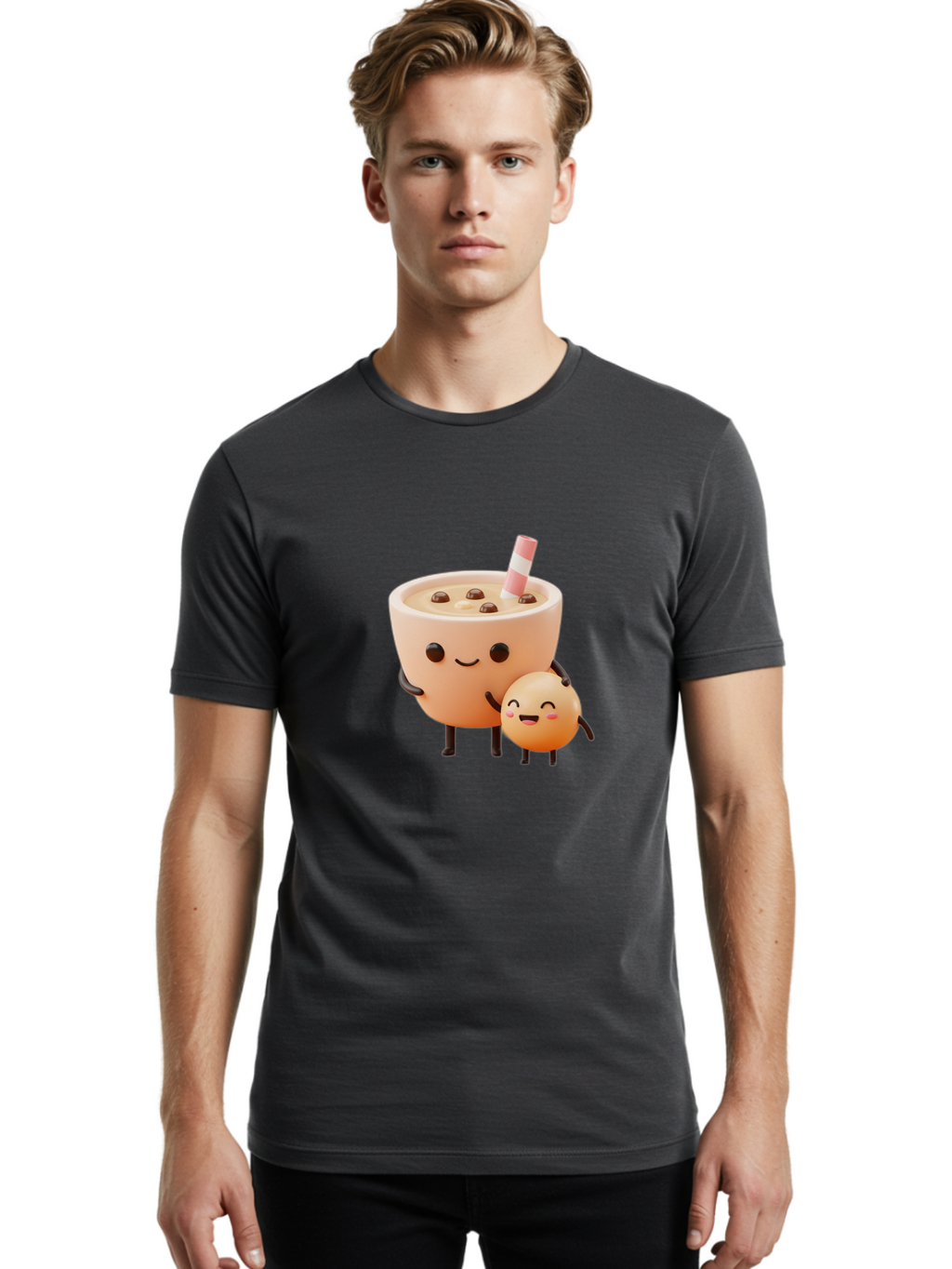Bubble-Tea-18 Men'S Graphic Tee, 100% Cotton, Comfortable Casual Summer Wear, Machine Washable, Cartoon Boba Tea, Smiling Tea Cup, Boba Friends, Kawaii Characters, Milk Tea, Tapioca Pearls, Adorable Illustration, Funny Bubble Tea Bac698