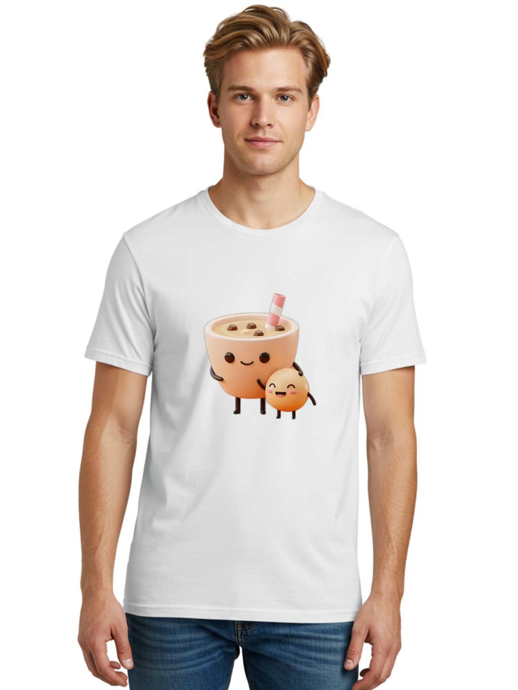 Bubble-Tea-18 Men'S Graphic Tee, 100% Cotton, Comfortable Casual Summer Wear, Machine Washable, Cartoon Boba Tea, Smiling Tea Cup, Boba Friends, Kawaii Characters, Milk Tea, Tapioca Pearls, Adorable Illustration, Funny Bubble Tea Bac698