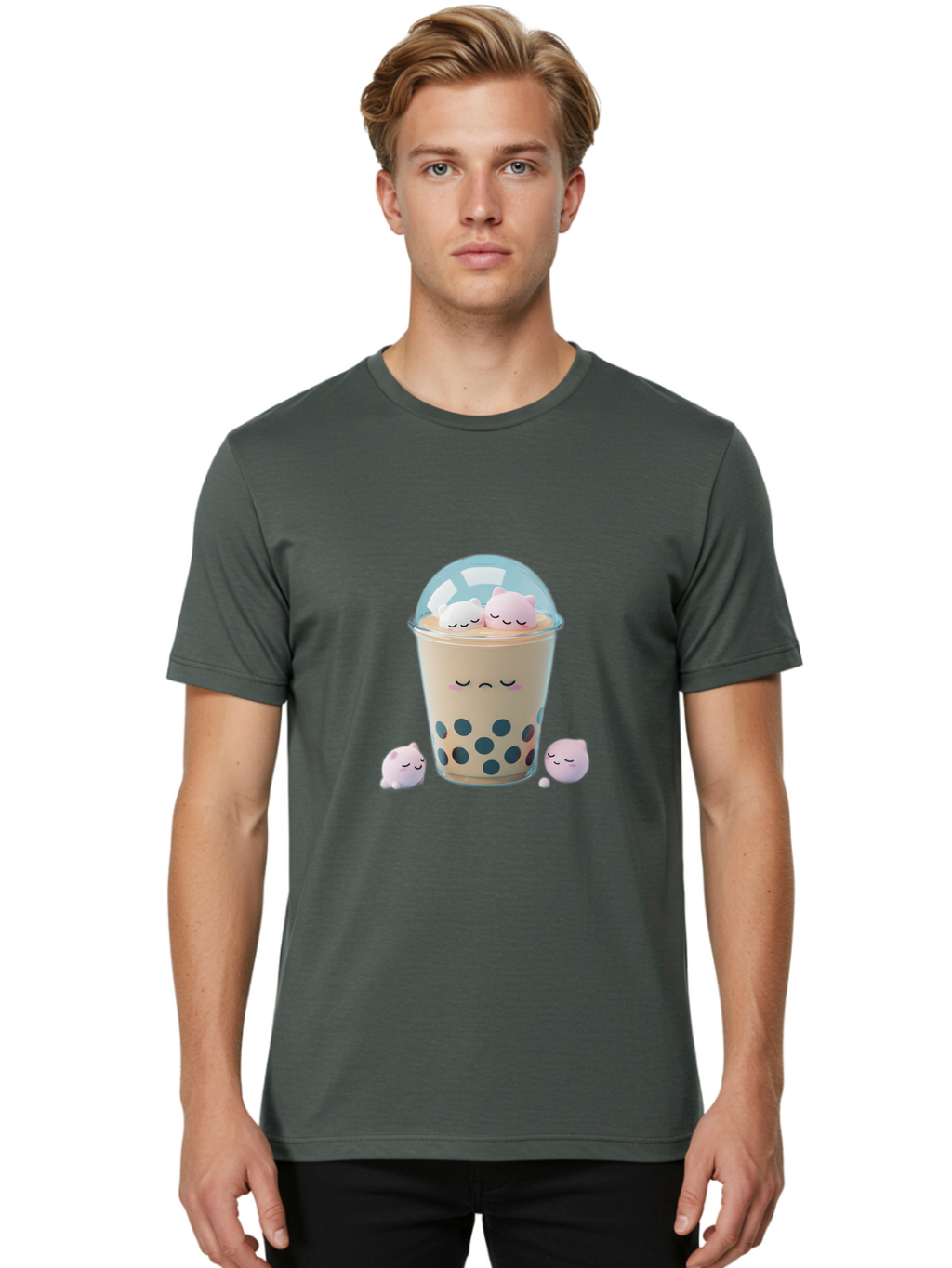 Bubble-Tea-2 Men'S Graphic Tee, 100% Cotton, Comfortable Casual Summer Wear, Machine Washable, Bubble Tea Drink, Milk Tea, Boba, Cute Beverage, Cartoon Illustration, Adorable Characters, Smiling Faces, Peaceful Atmosphere, Sweet Treats, Bac700