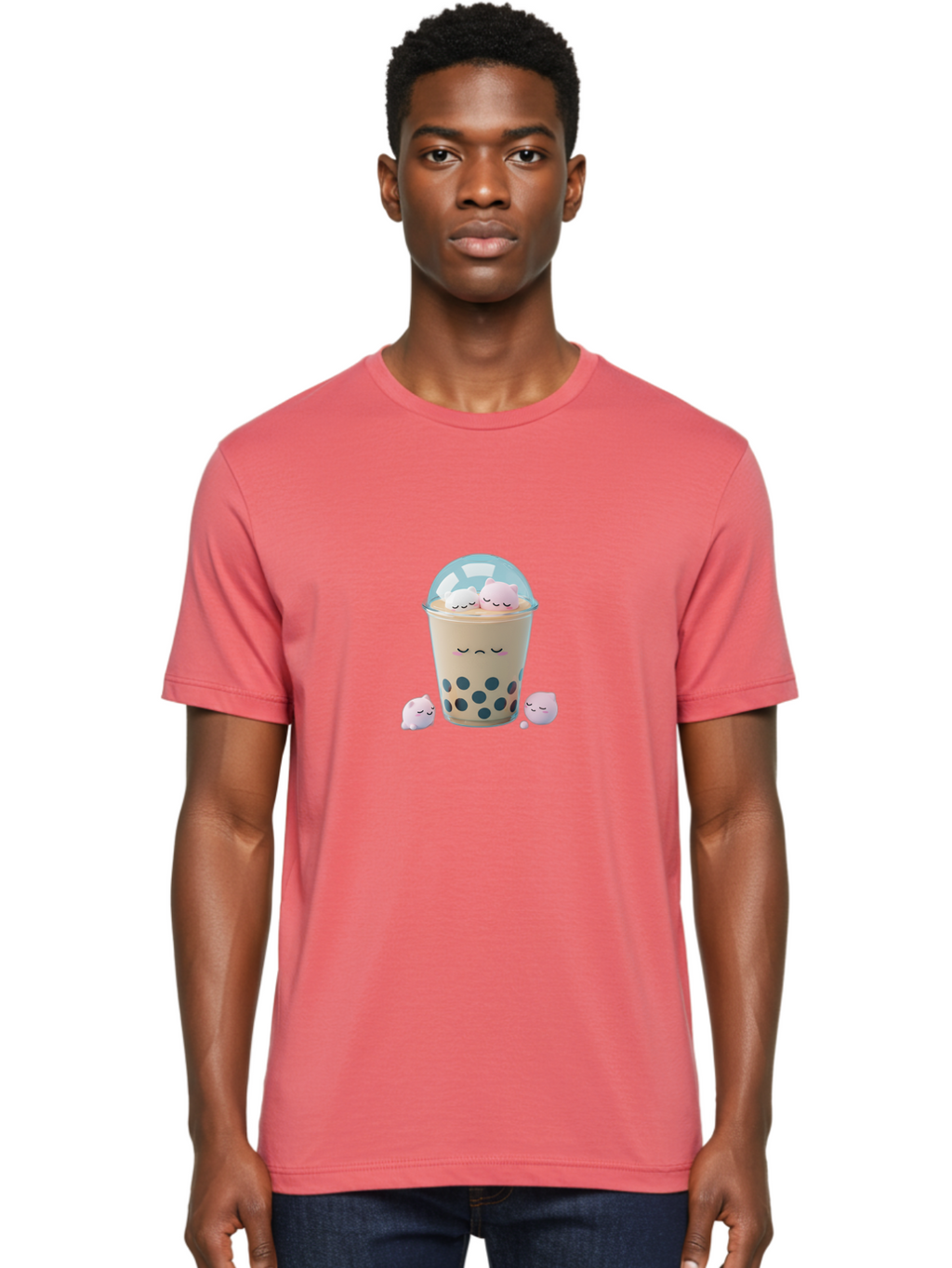 Bubble-Tea-2 Men'S Graphic Tee, 100% Cotton, Comfortable Casual Summer Wear, Machine Washable, Bubble Tea Drink, Milk Tea, Boba, Cute Beverage, Cartoon Illustration, Adorable Characters, Smiling Faces, Peaceful Atmosphere, Sweet Treats, Bac700