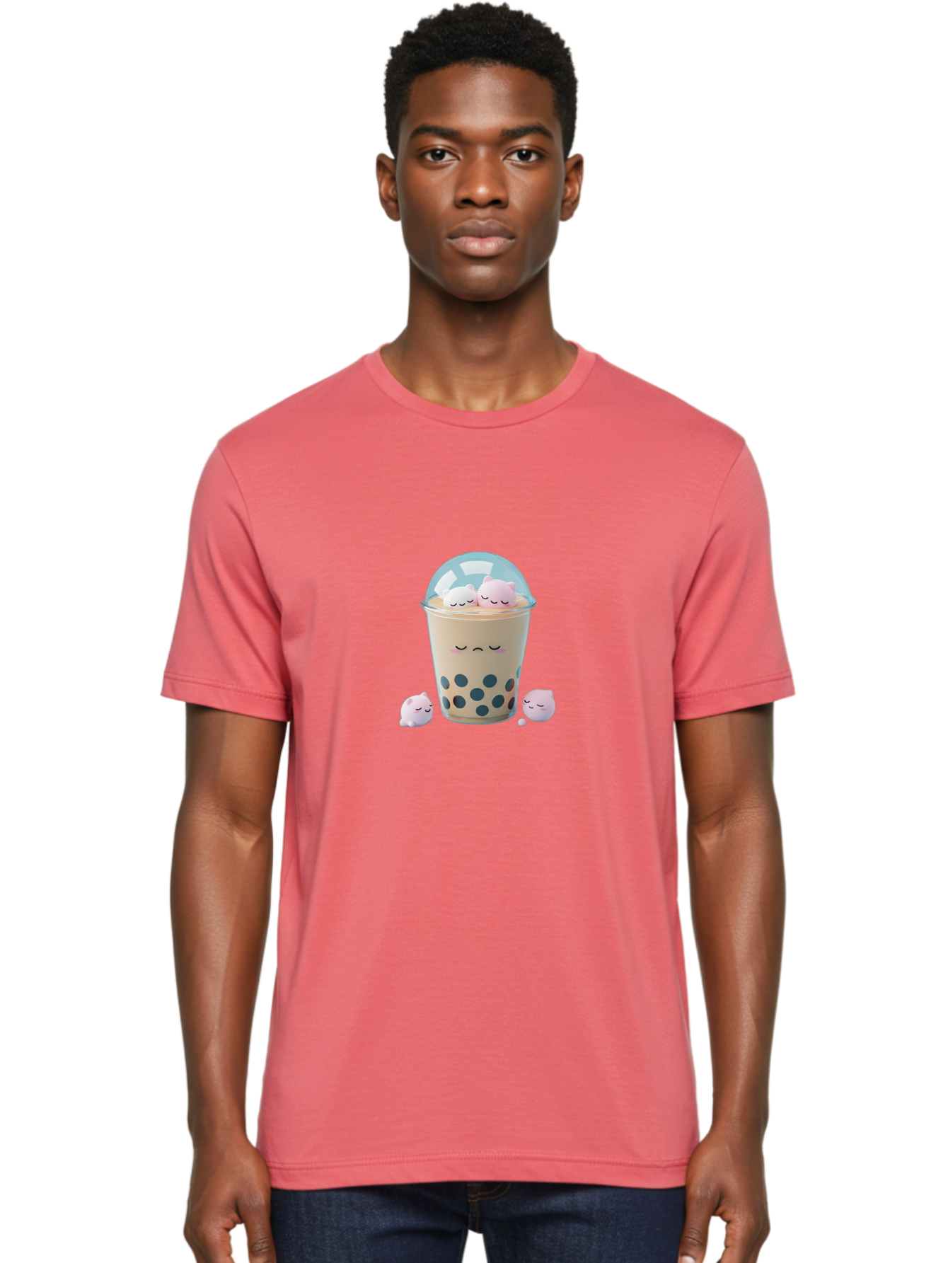 Bubble-Tea-2 Men'S Graphic Tee, 100% Cotton, Comfortable Casual Summer Wear, Machine Washable, Bubble Tea Drink, Milk Tea, Boba, Cute Beverage, Cartoon Illustration, Adorable Characters, Smiling Faces, Peaceful Atmosphere, Sweet Treats, Bac700