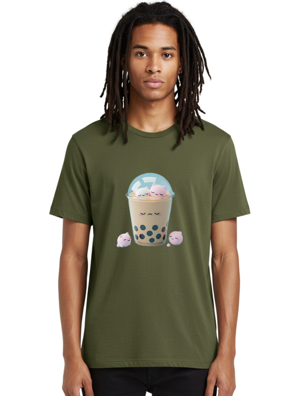 Bubble-Tea-2 Men'S Graphic Tee, 100% Cotton, Comfortable Casual Summer Wear, Machine Washable, Bubble Tea Drink, Milk Tea, Boba, Cute Beverage, Cartoon Illustration, Adorable Characters, Smiling Faces, Peaceful Atmosphere, Sweet Treats, Bac700