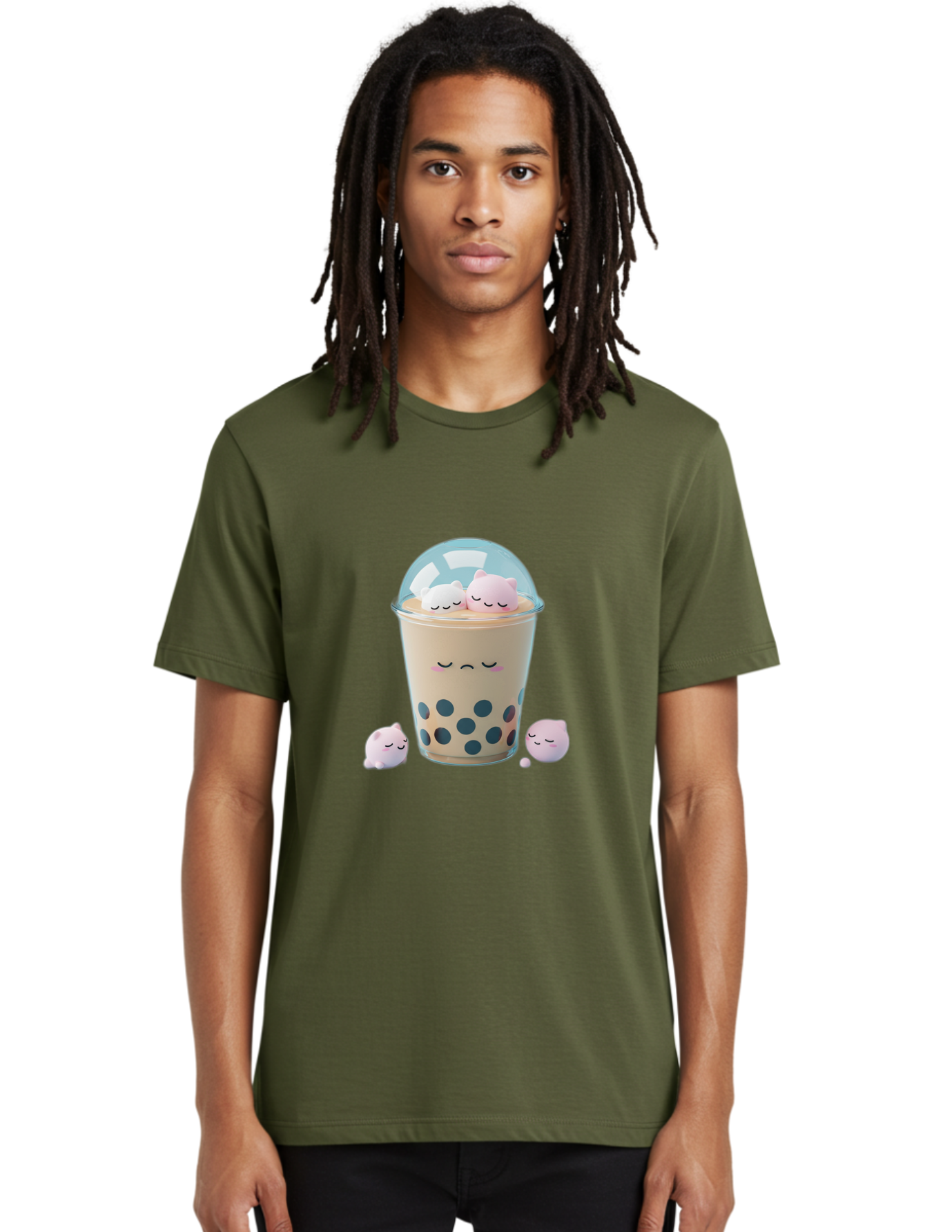 Bubble-Tea-2 Men'S Graphic Tee, 100% Cotton, Comfortable Casual Summer Wear, Machine Washable, Bubble Tea Drink, Milk Tea, Boba, Cute Beverage, Cartoon Illustration, Adorable Characters, Smiling Faces, Peaceful Atmosphere, Sweet Treats, Bac700