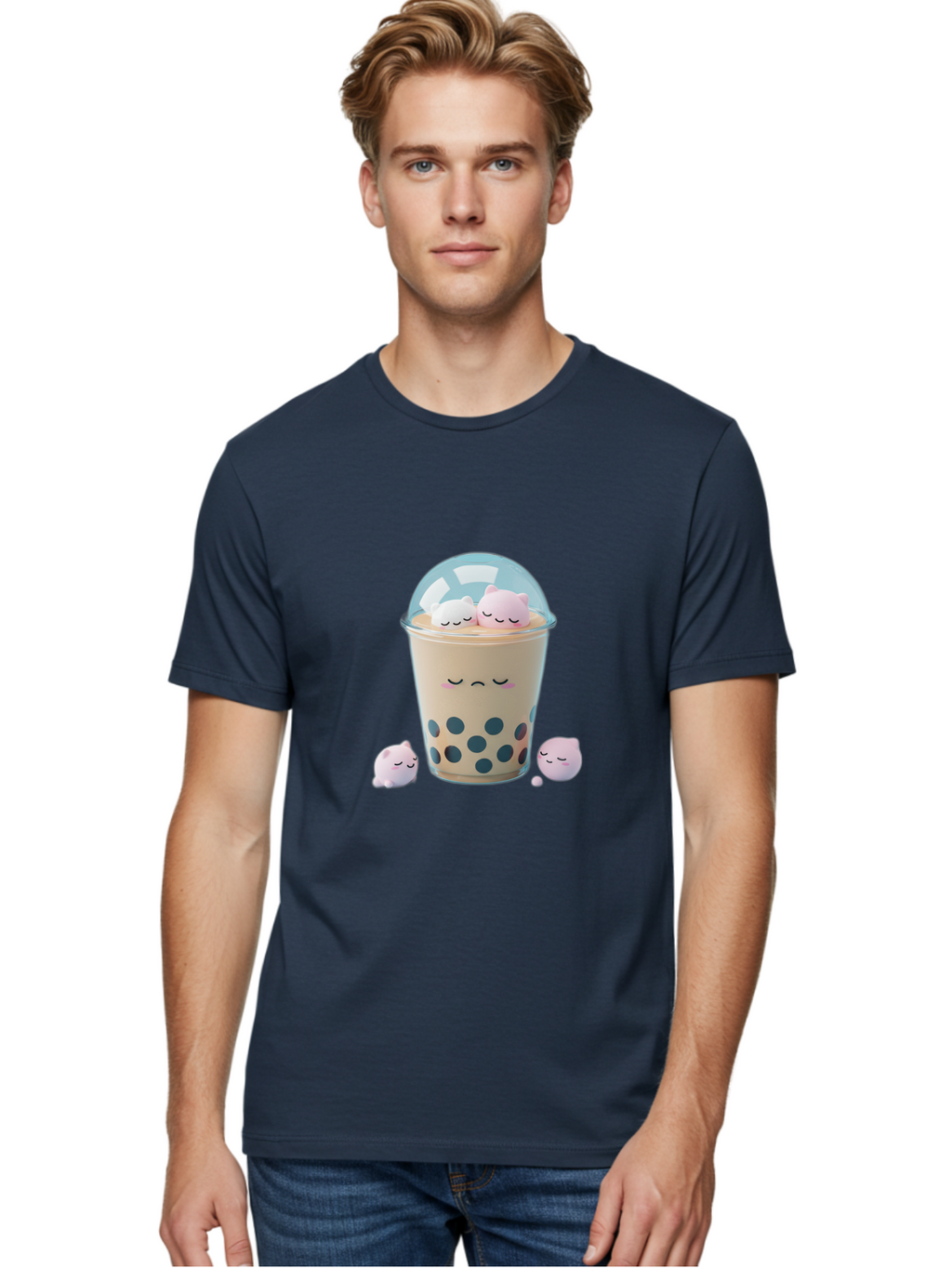 Bubble-Tea-2 Men'S Graphic Tee, 100% Cotton, Comfortable Casual Summer Wear, Machine Washable, Bubble Tea Drink, Milk Tea, Boba, Cute Beverage, Cartoon Illustration, Adorable Characters, Smiling Faces, Peaceful Atmosphere, Sweet Treats, Bac700