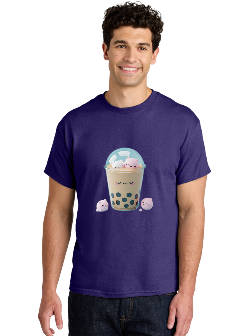 Bubble-Tea-2 Men'S Graphic Tee, 100% Cotton, Comfortable Casual Summer Wear, Machine Washable, Bubble Tea Drink, Milk Tea, Boba, Cute Beverage, Cartoon Illustration, Adorable Characters, Smiling Faces, Peaceful Atmosphere, Sweet Treats, Bac700