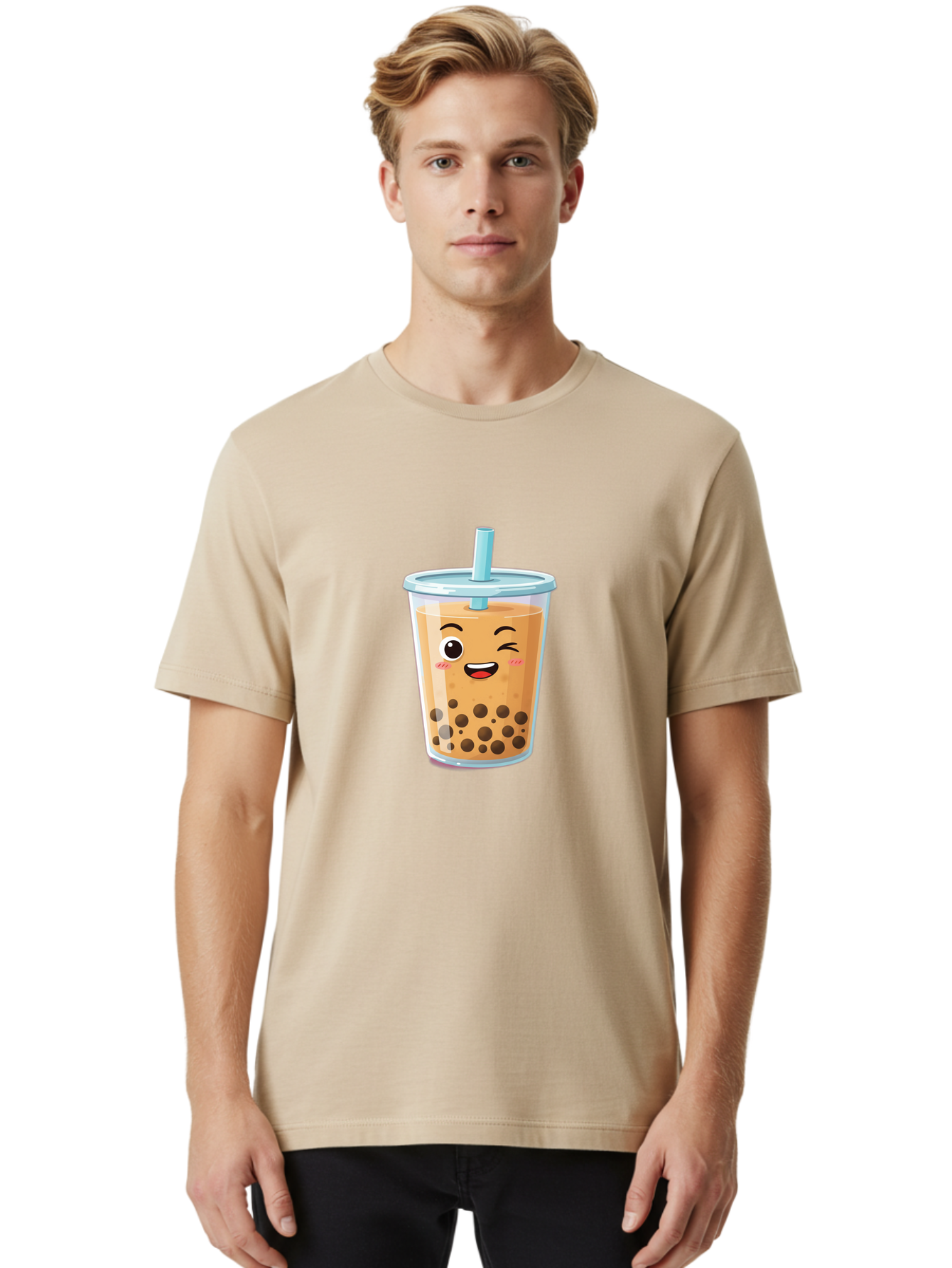 Bubble-Tea-20 Men'S Graphic Tee, 100% Cotton, Comfortable Casual Summer Wear, Machine Washable, Bubble Tea, Boba Drink, Cartoon Illustration, Smiling Face, Happy Beverage, Milk Tea, Tapioca Pearls, Kawaii Culture, Cute Straw, Refreshing Drink Bac701