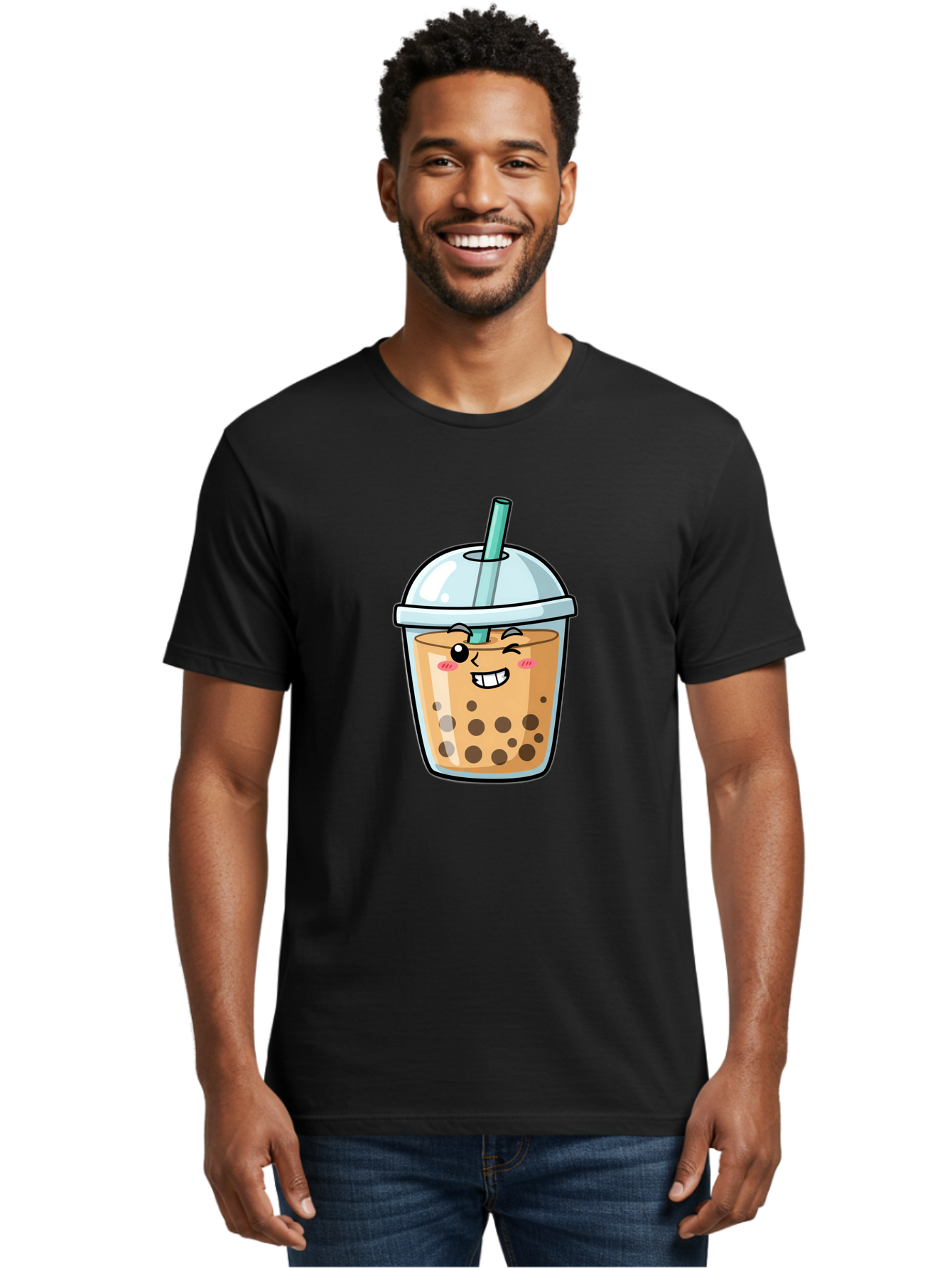 Bubble-Tea-22 Men'S Graphic Tee, 100% Cotton, Comfortable Casual Summer Wear, Machine Washable, Boba Tea, Cartoon Bubble Tea, Smiling Drink, Tea With Straw, Milk Tea, Tea Bubbles, Winking Face, Cute Beverage, Fun Drink, Playful Tea, Bac703