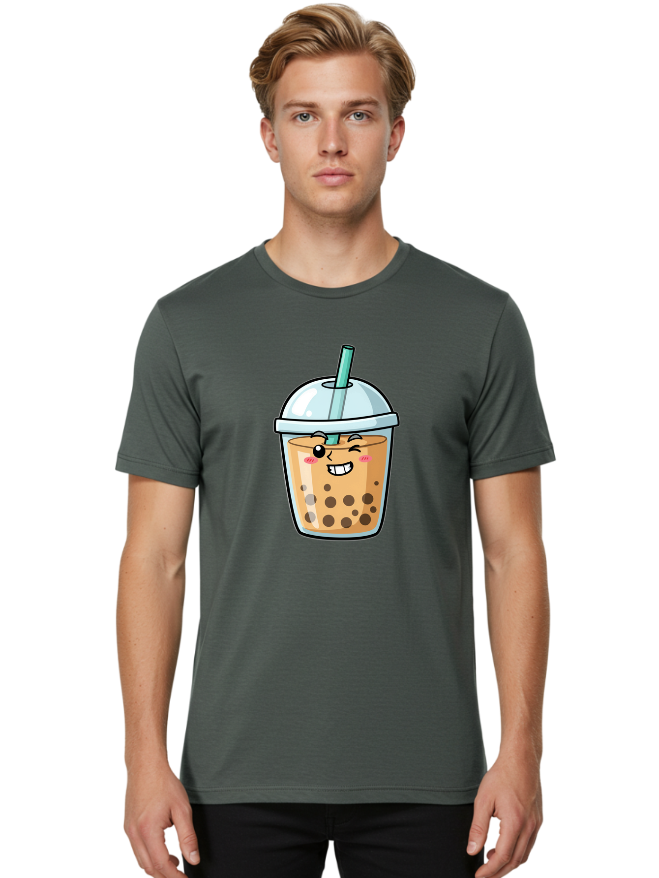 Bubble-Tea-22 Men'S Graphic Tee, 100% Cotton, Comfortable Casual Summer Wear, Machine Washable, Boba Tea, Cartoon Bubble Tea, Smiling Drink, Tea With Straw, Milk Tea, Tea Bubbles, Winking Face, Cute Beverage, Fun Drink, Playful Tea, Bac703