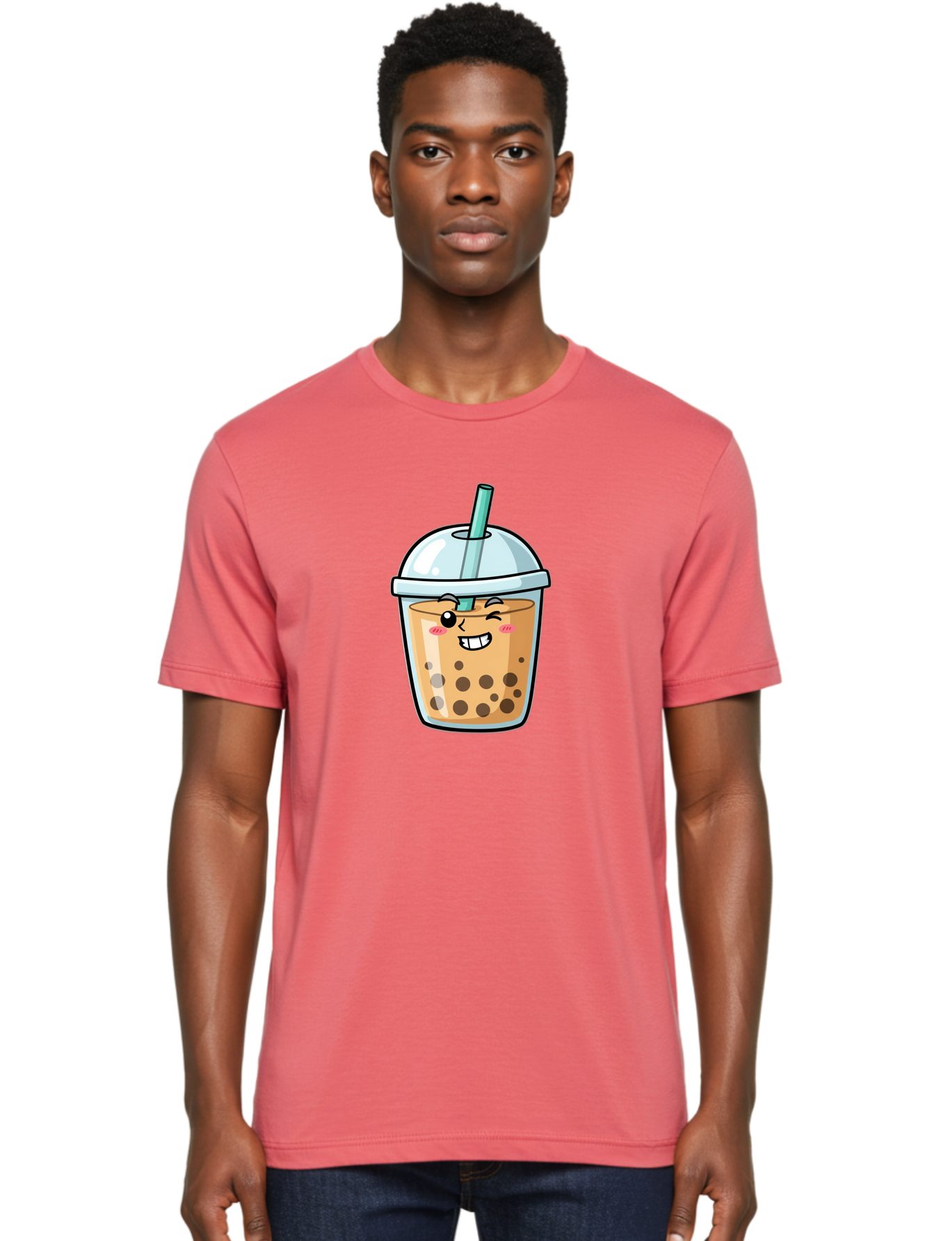 Bubble-Tea-22 Men'S Graphic Tee, 100% Cotton, Comfortable Casual Summer Wear, Machine Washable, Boba Tea, Cartoon Bubble Tea, Smiling Drink, Tea With Straw, Milk Tea, Tea Bubbles, Winking Face, Cute Beverage, Fun Drink, Playful Tea, Bac703