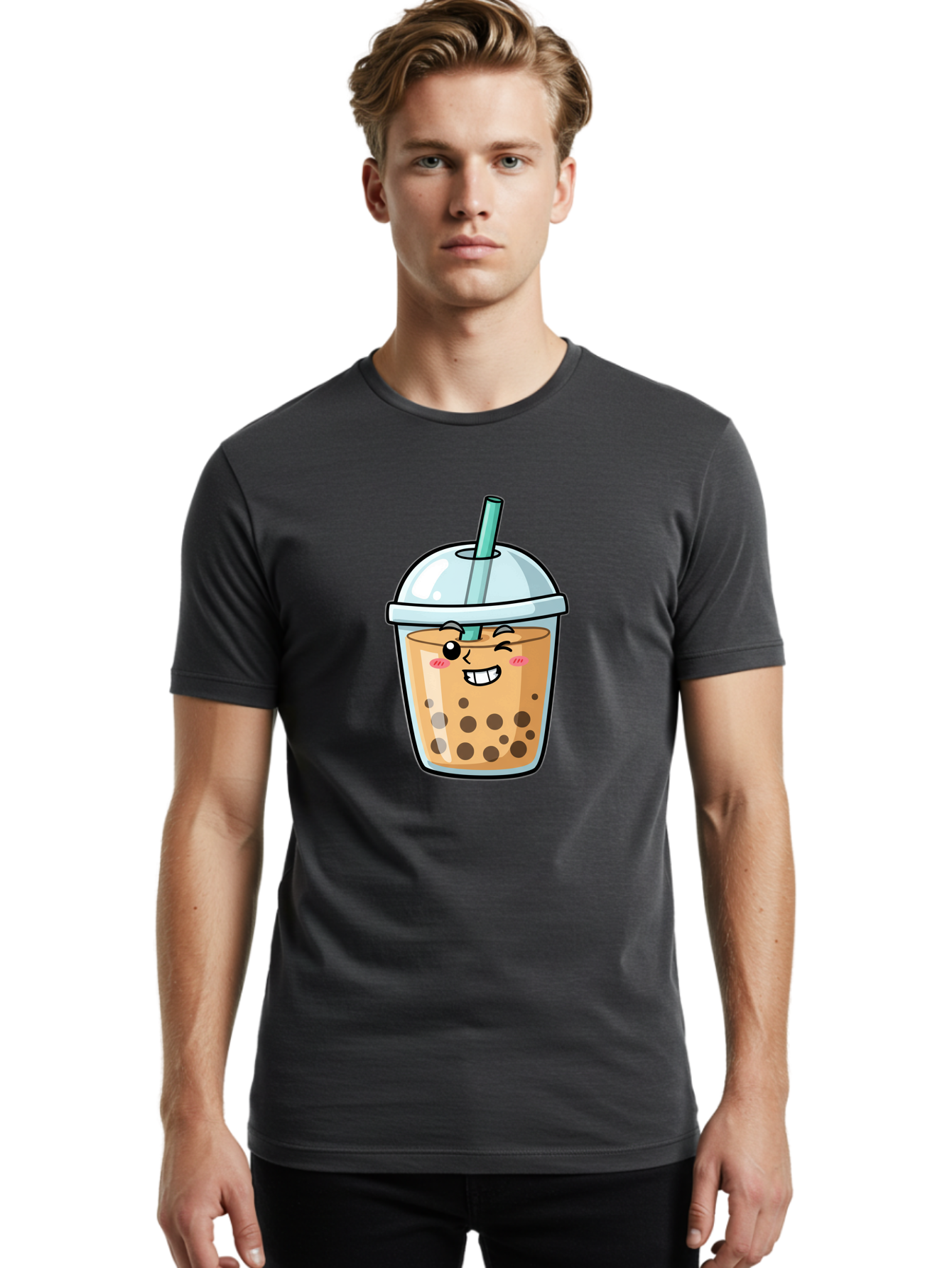 Bubble-Tea-22 Men'S Graphic Tee, 100% Cotton, Comfortable Casual Summer Wear, Machine Washable, Boba Tea, Cartoon Bubble Tea, Smiling Drink, Tea With Straw, Milk Tea, Tea Bubbles, Winking Face, Cute Beverage, Fun Drink, Playful Tea, Bac703