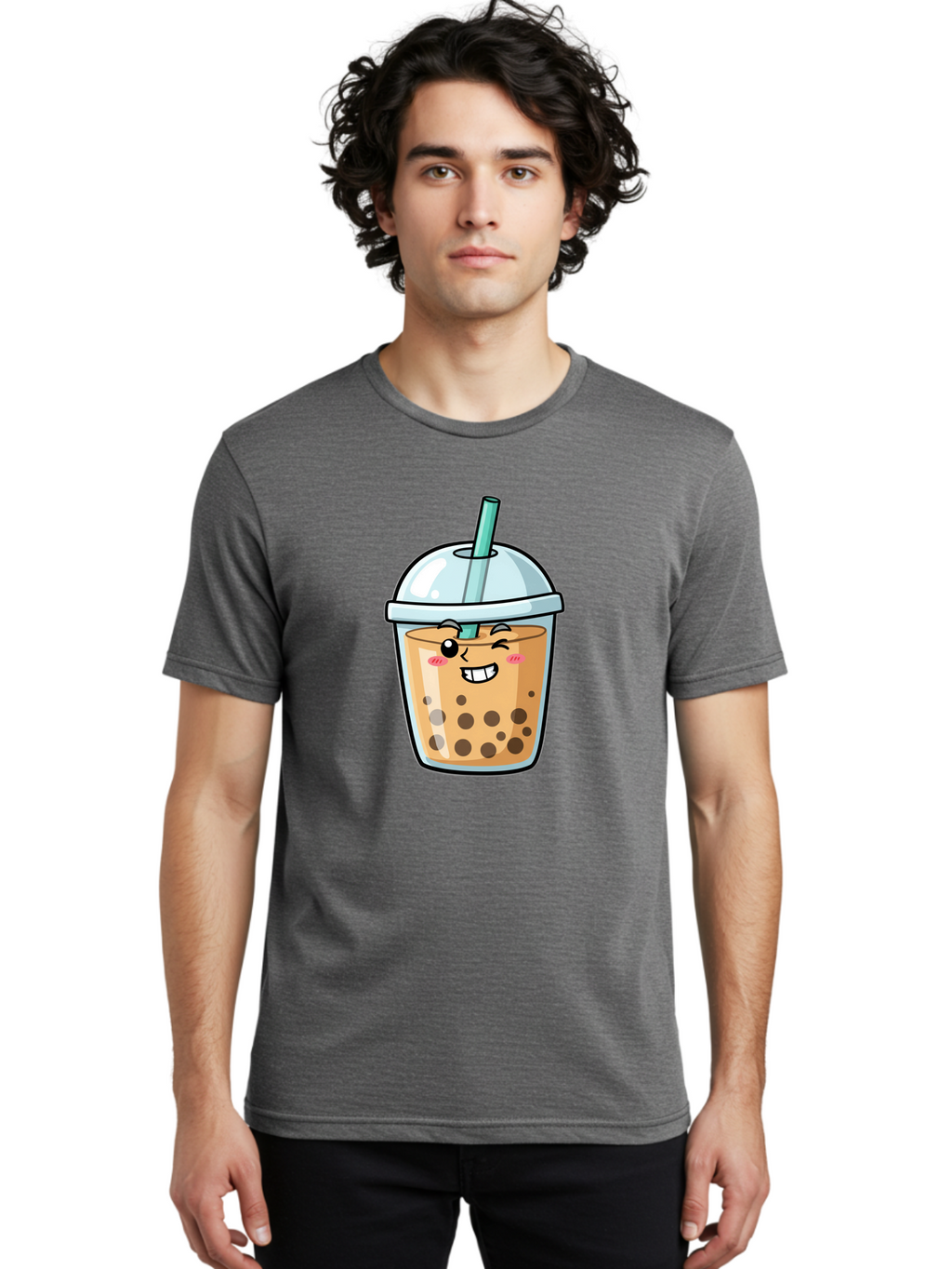 Bubble-Tea-22 Men'S Graphic Tee, 100% Cotton, Comfortable Casual Summer Wear, Machine Washable, Boba Tea, Cartoon Bubble Tea, Smiling Drink, Tea With Straw, Milk Tea, Tea Bubbles, Winking Face, Cute Beverage, Fun Drink, Playful Tea, Bac703
