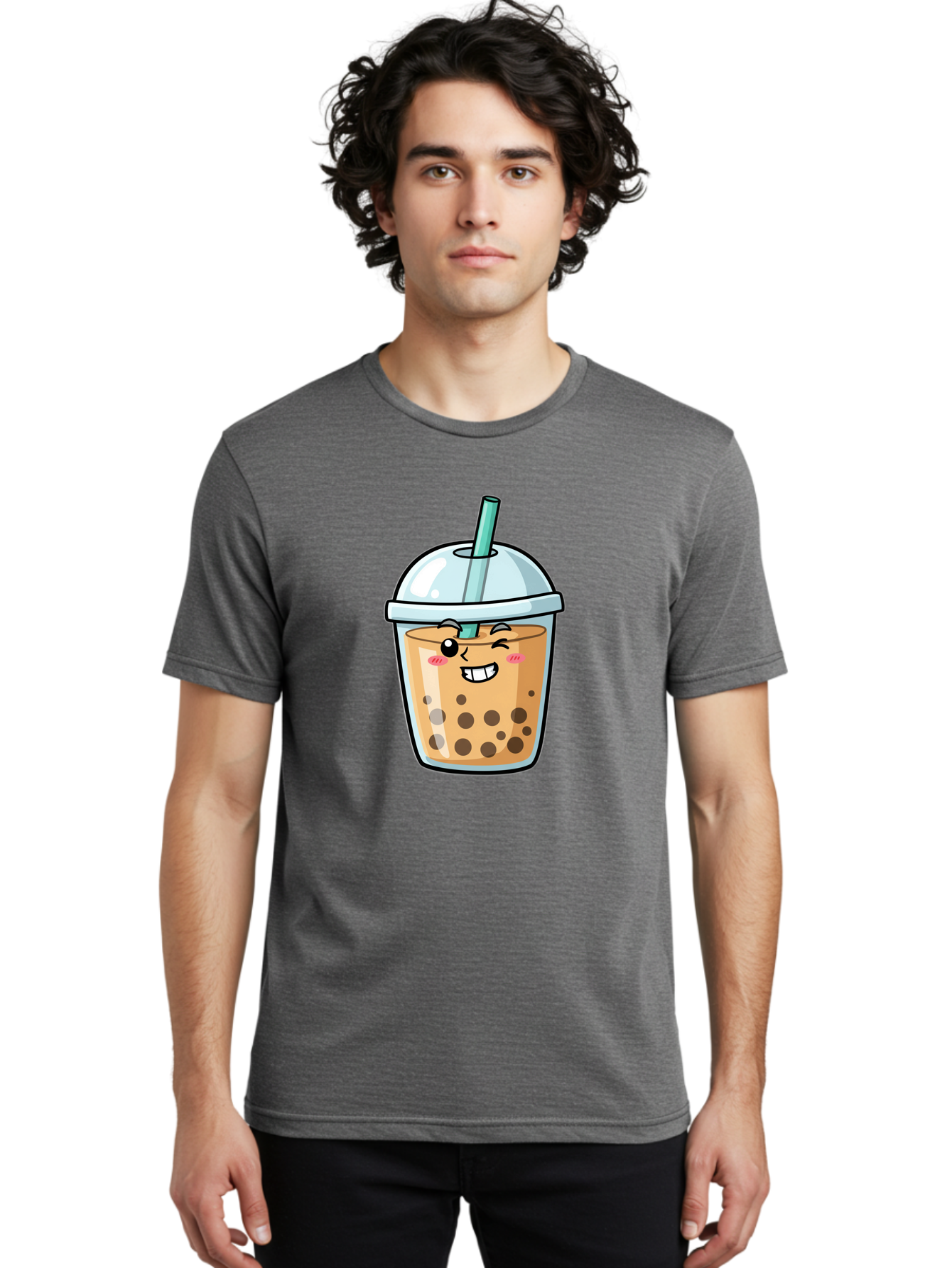 Bubble-Tea-22 Men'S Graphic Tee, 100% Cotton, Comfortable Casual Summer Wear, Machine Washable, Boba Tea, Cartoon Bubble Tea, Smiling Drink, Tea With Straw, Milk Tea, Tea Bubbles, Winking Face, Cute Beverage, Fun Drink, Playful Tea, Bac703