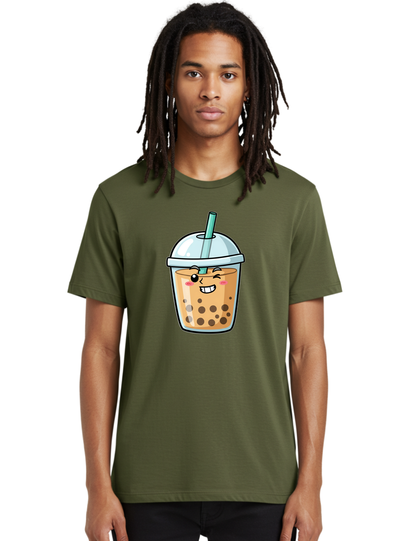 Bubble-Tea-22 Men'S Graphic Tee, 100% Cotton, Comfortable Casual Summer Wear, Machine Washable, Boba Tea, Cartoon Bubble Tea, Smiling Drink, Tea With Straw, Milk Tea, Tea Bubbles, Winking Face, Cute Beverage, Fun Drink, Playful Tea, Bac703