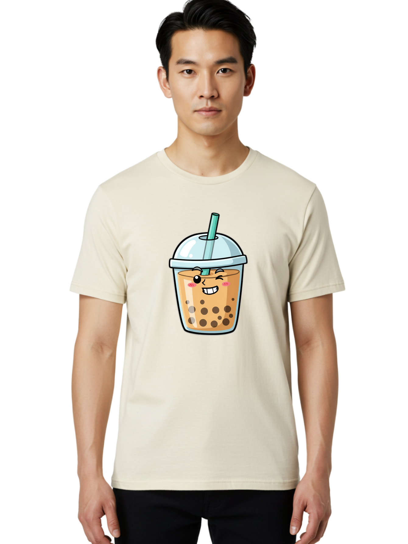 Bubble-Tea-22 Men'S Graphic Tee, 100% Cotton, Comfortable Casual Summer Wear, Machine Washable, Boba Tea, Cartoon Bubble Tea, Smiling Drink, Tea With Straw, Milk Tea, Tea Bubbles, Winking Face, Cute Beverage, Fun Drink, Playful Tea, Bac703