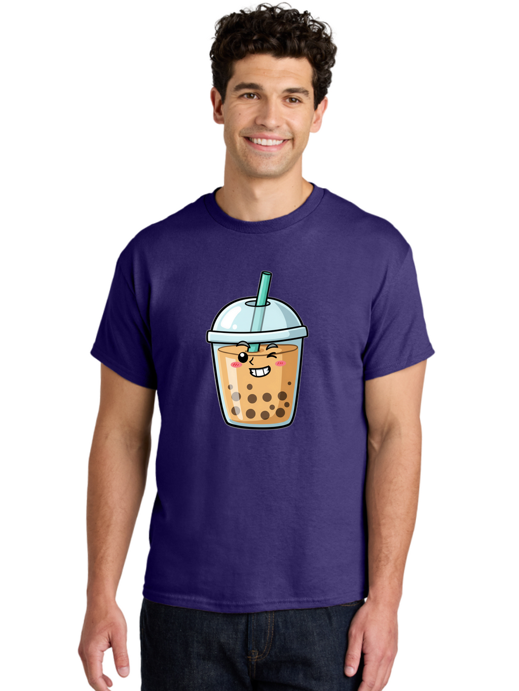 Bubble-Tea-22 Men'S Graphic Tee, 100% Cotton, Comfortable Casual Summer Wear, Machine Washable, Boba Tea, Cartoon Bubble Tea, Smiling Drink, Tea With Straw, Milk Tea, Tea Bubbles, Winking Face, Cute Beverage, Fun Drink, Playful Tea, Bac703