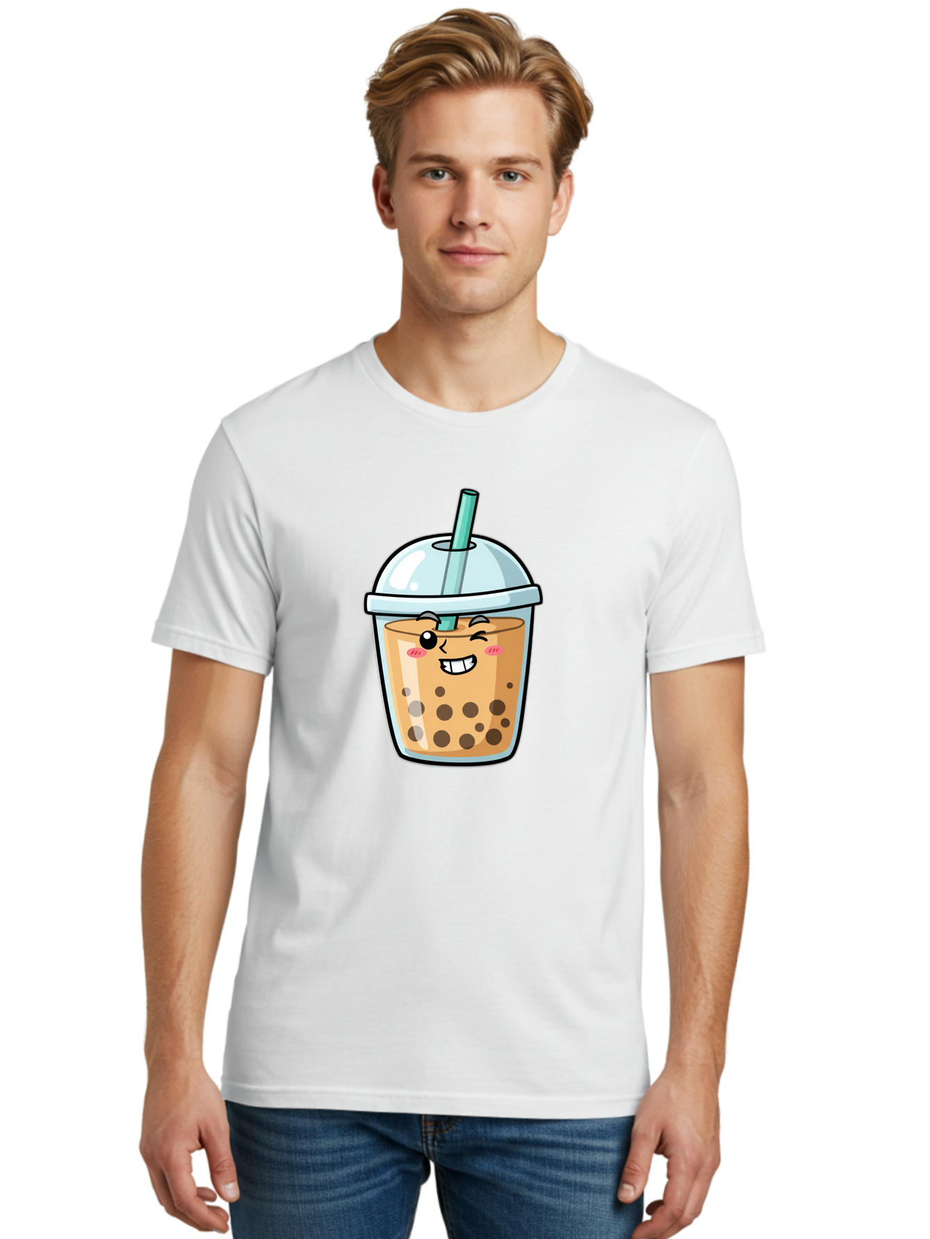 Bubble-Tea-22 Men'S Graphic Tee, 100% Cotton, Comfortable Casual Summer Wear, Machine Washable, Boba Tea, Cartoon Bubble Tea, Smiling Drink, Tea With Straw, Milk Tea, Tea Bubbles, Winking Face, Cute Beverage, Fun Drink, Playful Tea, Bac703