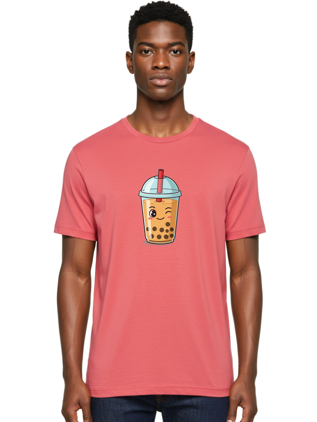 Bubble-Tea-23 Men'S Graphic Tee, 100% Cotton, Comfortable Casual Summer Wear, Machine Washable, Cartoon Boba Tea, Bubble Tea Drink, Animated Beverage, Smiling Face, Winking Eye, Cute Character, Boba Drink, Tea With Boba, Boba Love, Tea Culture Bac704