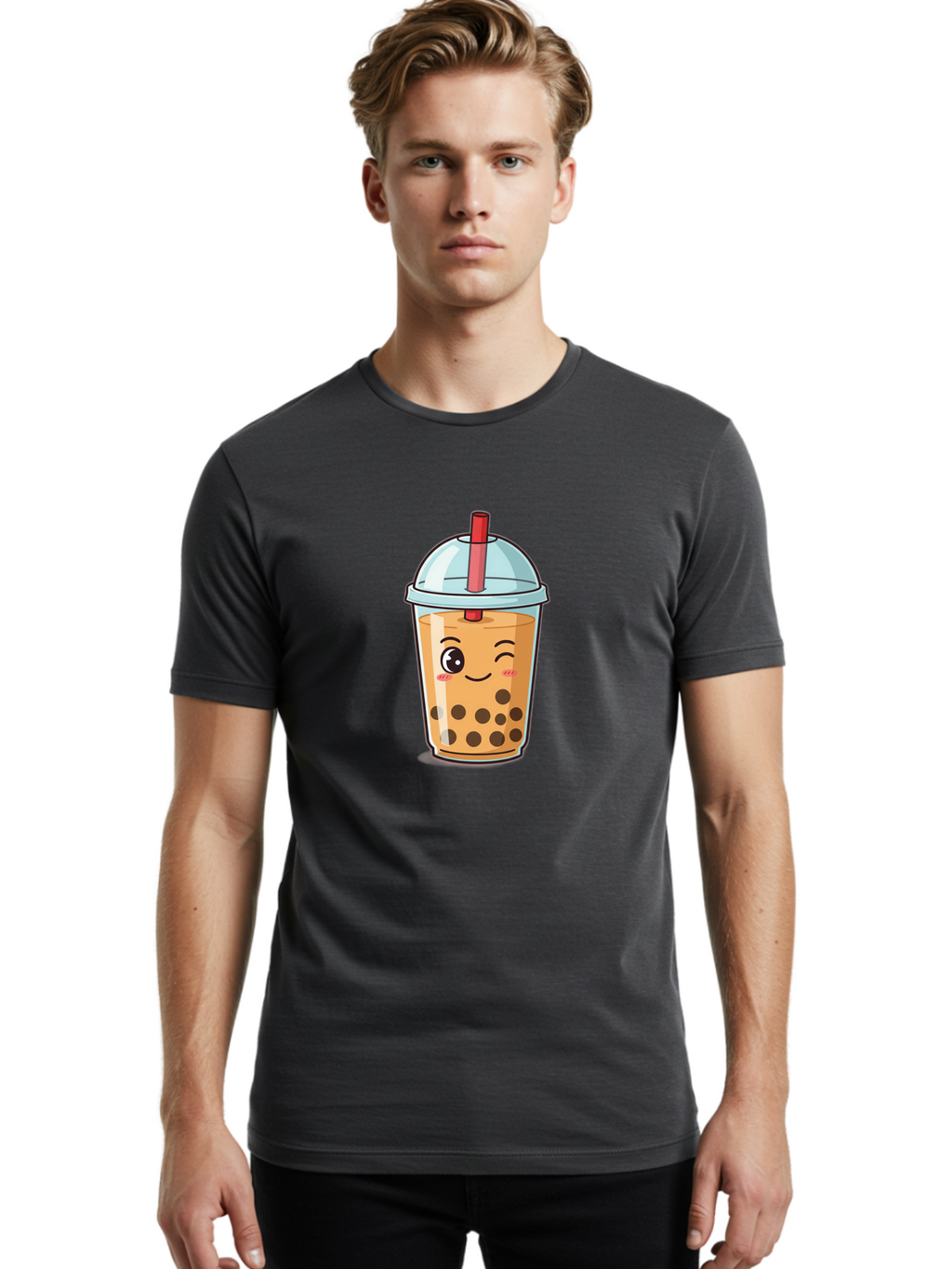 Bubble-Tea-23 Men'S Graphic Tee, 100% Cotton, Comfortable Casual Summer Wear, Machine Washable, Cartoon Boba Tea, Bubble Tea Drink, Animated Beverage, Smiling Face, Winking Eye, Cute Character, Boba Drink, Tea With Boba, Boba Love, Tea Culture Bac704