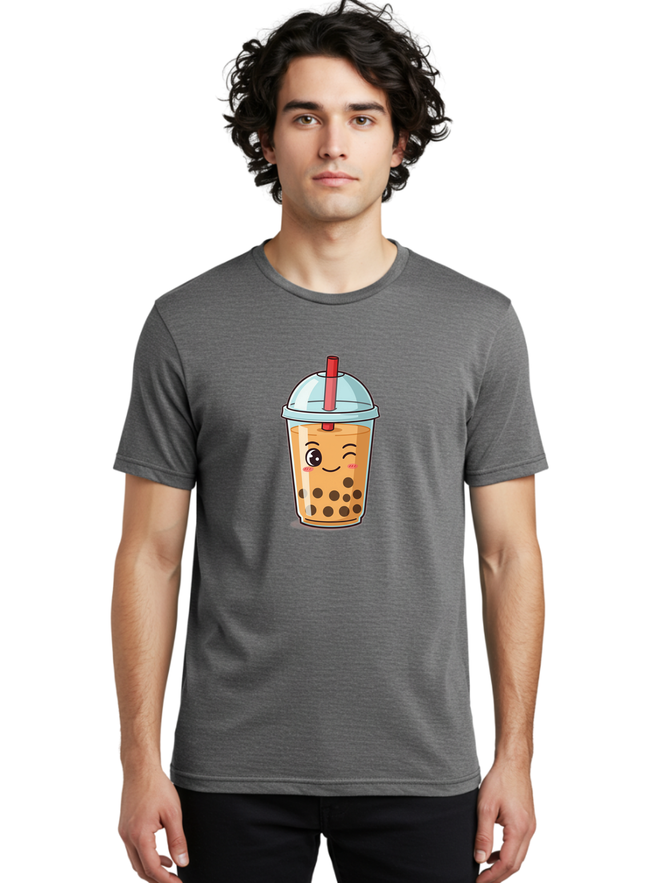 Bubble-Tea-23 Men'S Graphic Tee, 100% Cotton, Comfortable Casual Summer Wear, Machine Washable, Cartoon Boba Tea, Bubble Tea Drink, Animated Beverage, Smiling Face, Winking Eye, Cute Character, Boba Drink, Tea With Boba, Boba Love, Tea Culture Bac704