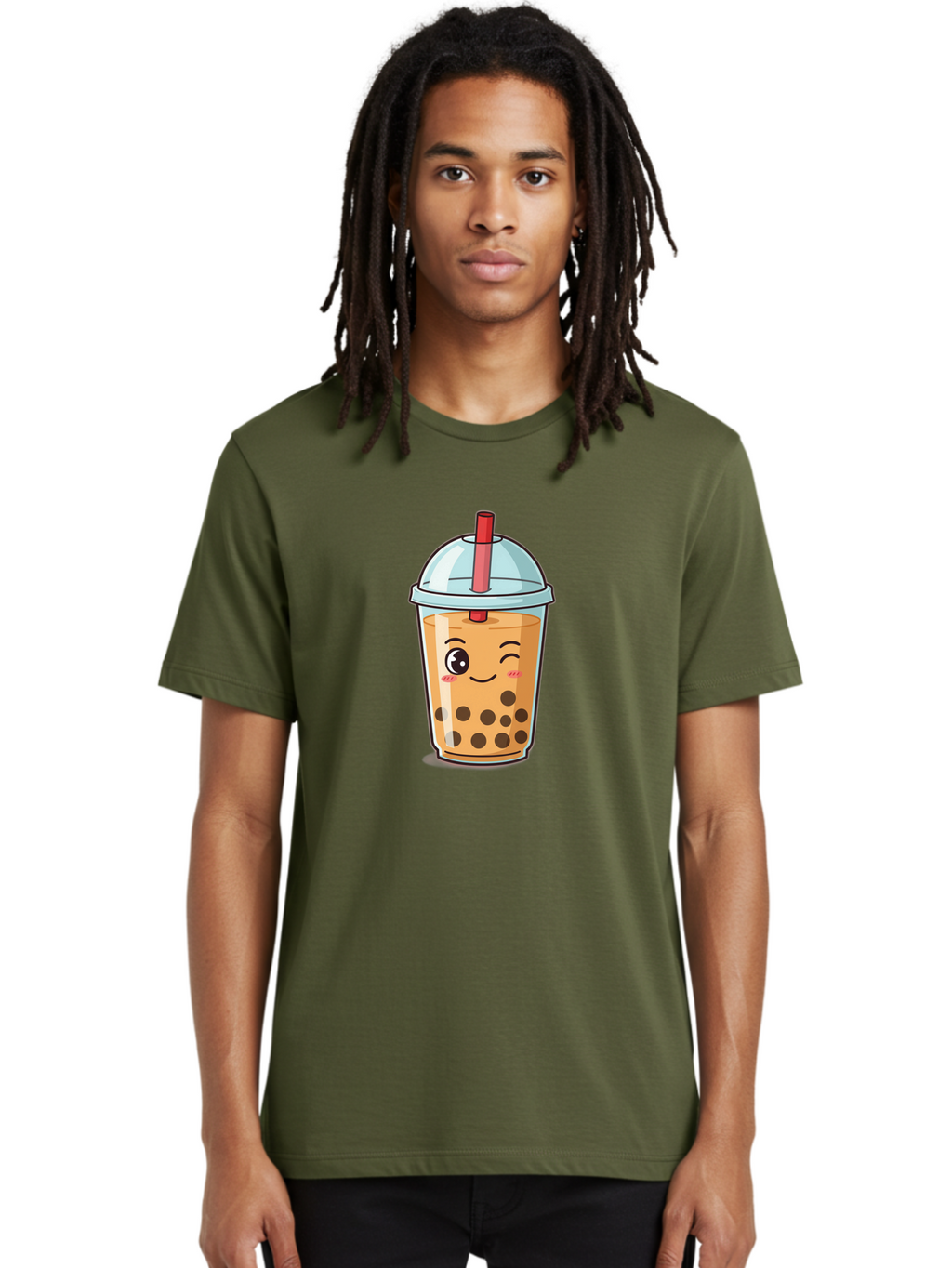 Bubble-Tea-23 Men'S Graphic Tee, 100% Cotton, Comfortable Casual Summer Wear, Machine Washable, Cartoon Boba Tea, Bubble Tea Drink, Animated Beverage, Smiling Face, Winking Eye, Cute Character, Boba Drink, Tea With Boba, Boba Love, Tea Culture Bac704