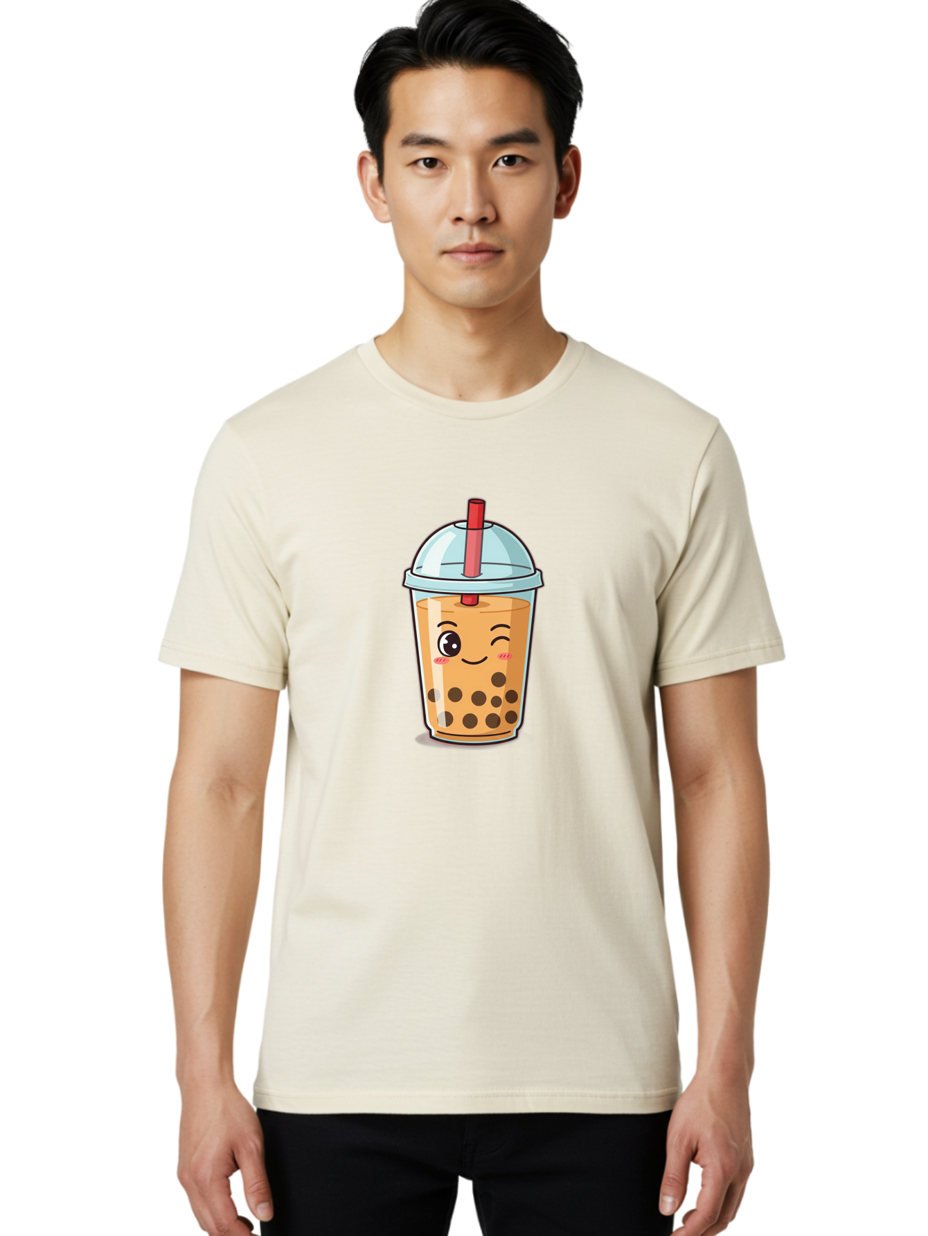 Bubble-Tea-23 Men'S Graphic Tee, 100% Cotton, Comfortable Casual Summer Wear, Machine Washable, Cartoon Boba Tea, Bubble Tea Drink, Animated Beverage, Smiling Face, Winking Eye, Cute Character, Boba Drink, Tea With Boba, Boba Love, Tea Culture Bac704