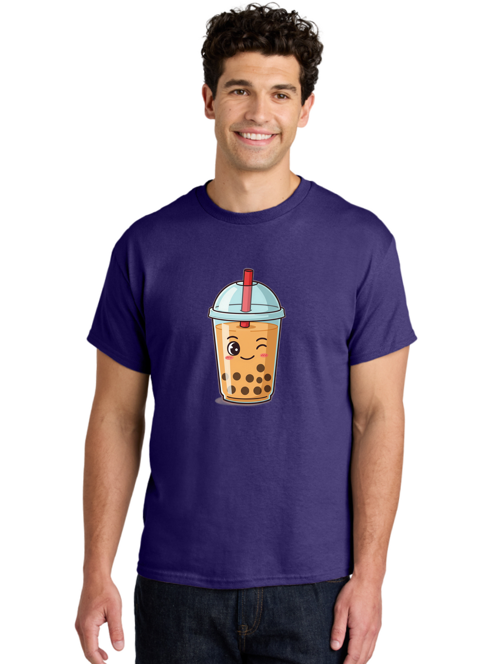 Bubble-Tea-23 Men'S Graphic Tee, 100% Cotton, Comfortable Casual Summer Wear, Machine Washable, Cartoon Boba Tea, Bubble Tea Drink, Animated Beverage, Smiling Face, Winking Eye, Cute Character, Boba Drink, Tea With Boba, Boba Love, Tea Culture Bac704