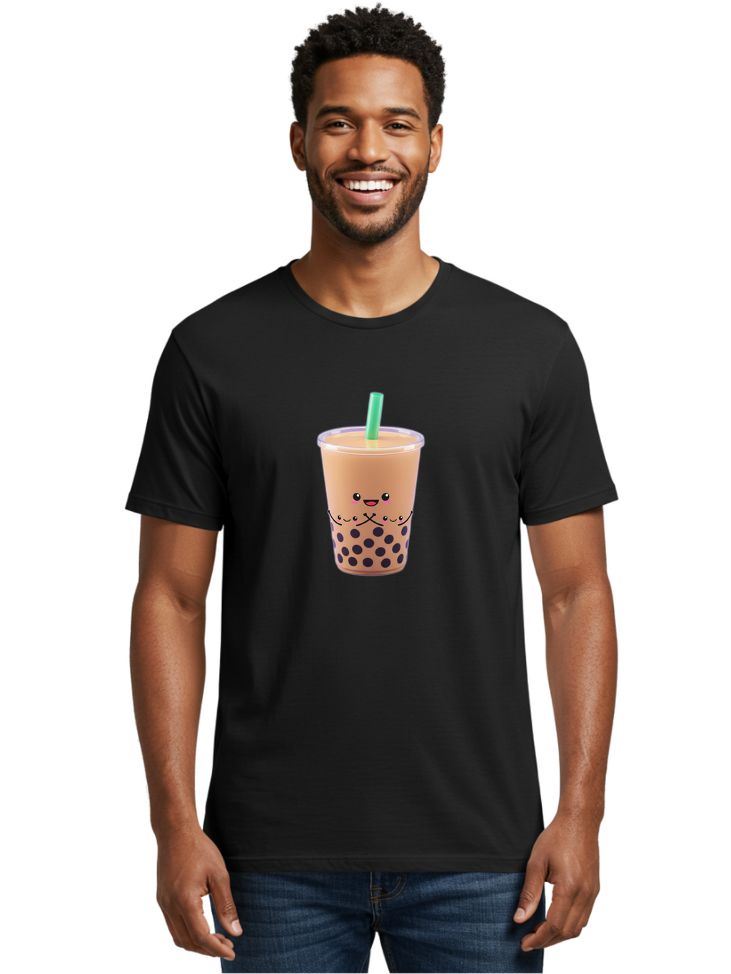 Bubble-Tea-3 Men'S Graphic Tee, 100% Cotton, Comfortable Casual Summer Wear, Machine Washable, Bubble Tea, Smiling Face, Cartoon Character, Milk Tea, Boba Drink, Tea With Straw, Adorable Design, Funny Illustration, Kawaii Culture, Boba Tea, Bac705