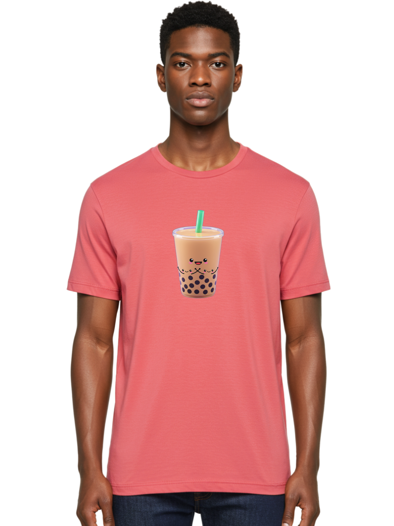 Bubble-Tea-3 Men'S Graphic Tee, 100% Cotton, Comfortable Casual Summer Wear, Machine Washable, Bubble Tea, Smiling Face, Cartoon Character, Milk Tea, Boba Drink, Tea With Straw, Adorable Design, Funny Illustration, Kawaii Culture, Boba Tea, Bac705