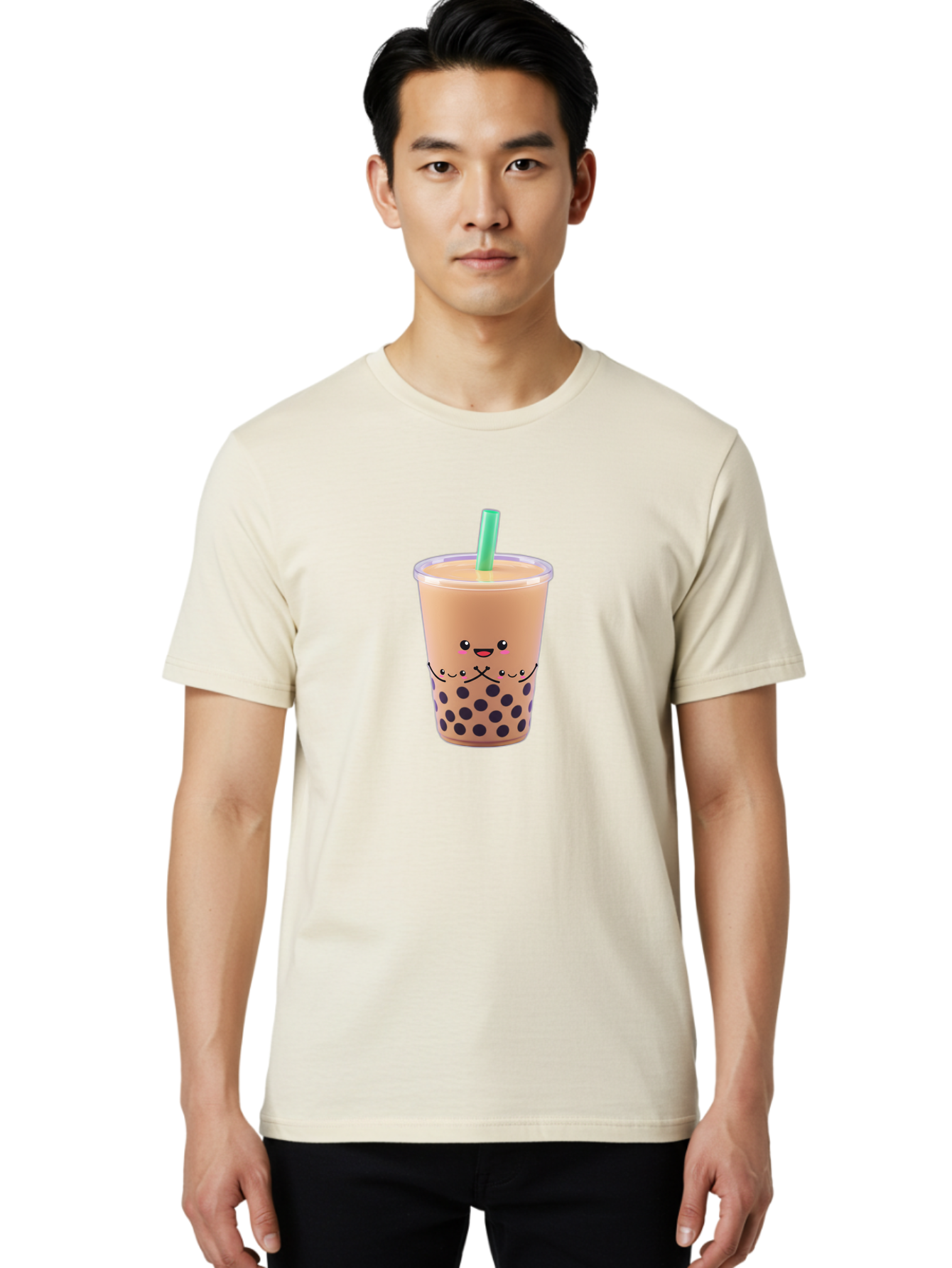 Bubble-Tea-3 Men'S Graphic Tee, 100% Cotton, Comfortable Casual Summer Wear, Machine Washable, Bubble Tea, Smiling Face, Cartoon Character, Milk Tea, Boba Drink, Tea With Straw, Adorable Design, Funny Illustration, Kawaii Culture, Boba Tea, Bac705