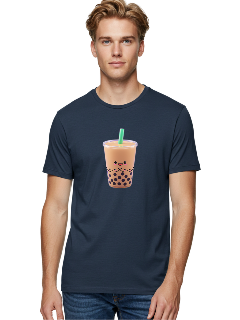 Bubble-Tea-3 Men'S Graphic Tee, 100% Cotton, Comfortable Casual Summer Wear, Machine Washable, Bubble Tea, Smiling Face, Cartoon Character, Milk Tea, Boba Drink, Tea With Straw, Adorable Design, Funny Illustration, Kawaii Culture, Boba Tea, Bac705