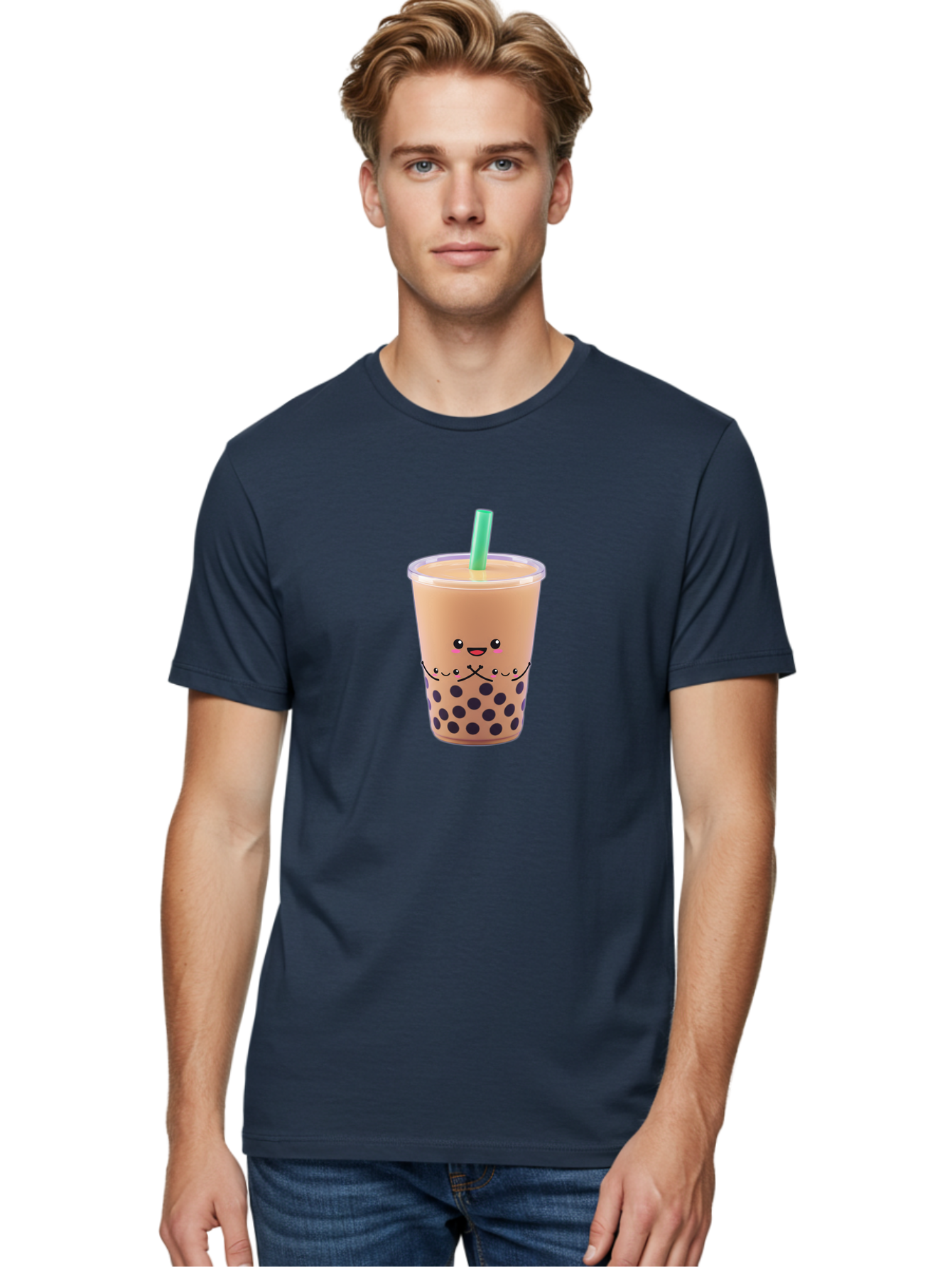 Bubble-Tea-3 Men'S Graphic Tee, 100% Cotton, Comfortable Casual Summer Wear, Machine Washable, Bubble Tea, Smiling Face, Cartoon Character, Milk Tea, Boba Drink, Tea With Straw, Adorable Design, Funny Illustration, Kawaii Culture, Boba Tea, Bac705