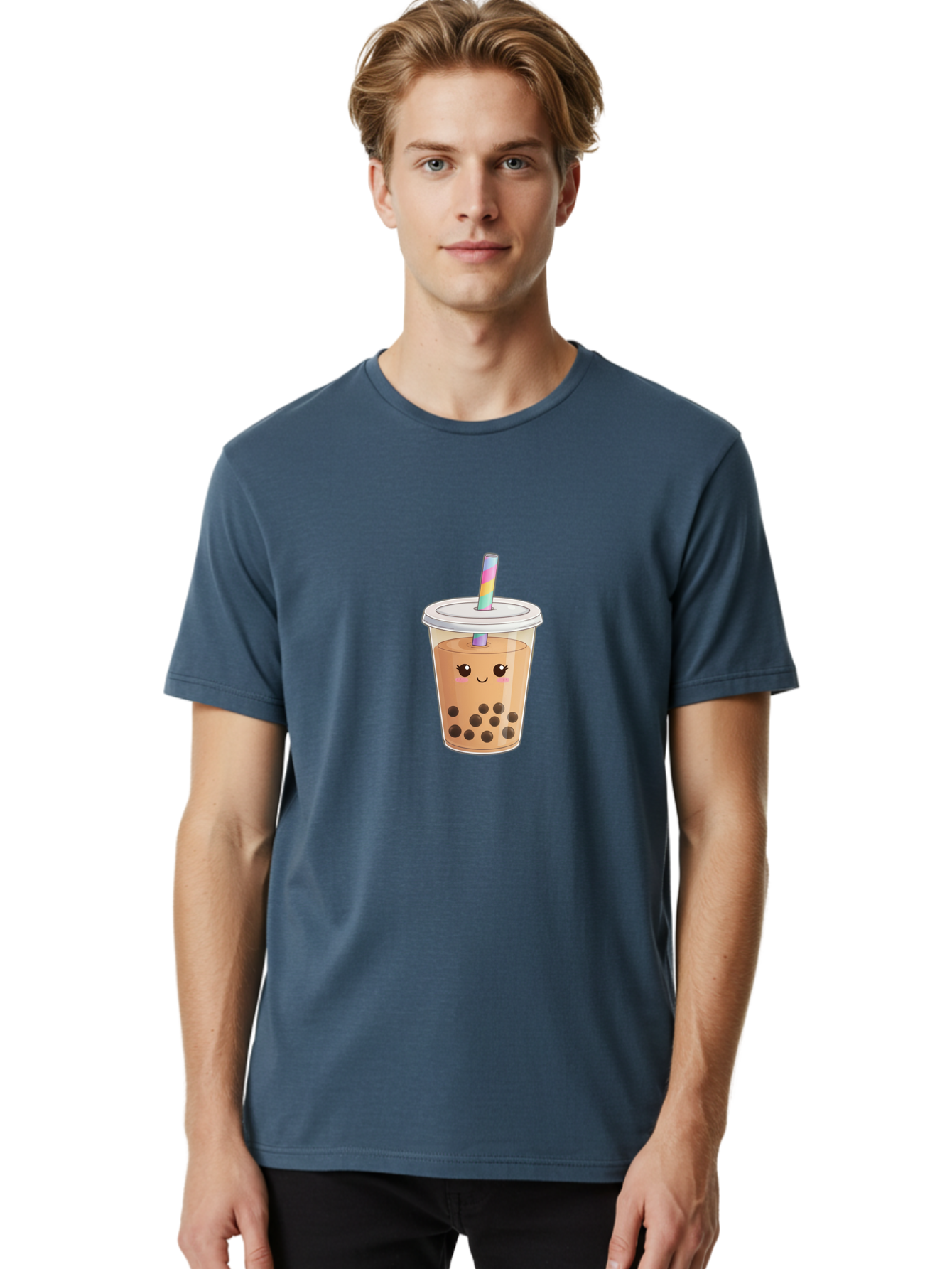 Bubble-Tea-4 Men'S Graphic Tee, 100% Cotton, Comfortable Casual Summer Wear, Machine Washable, Cute Boba Drink, Bubble Tea, Kawaii, Cartoon Beverage, Fun Straw, Adorable Face, Milk Tea, Tapioca Pearls, Smiling Drink, Playful Beverage, Bac706