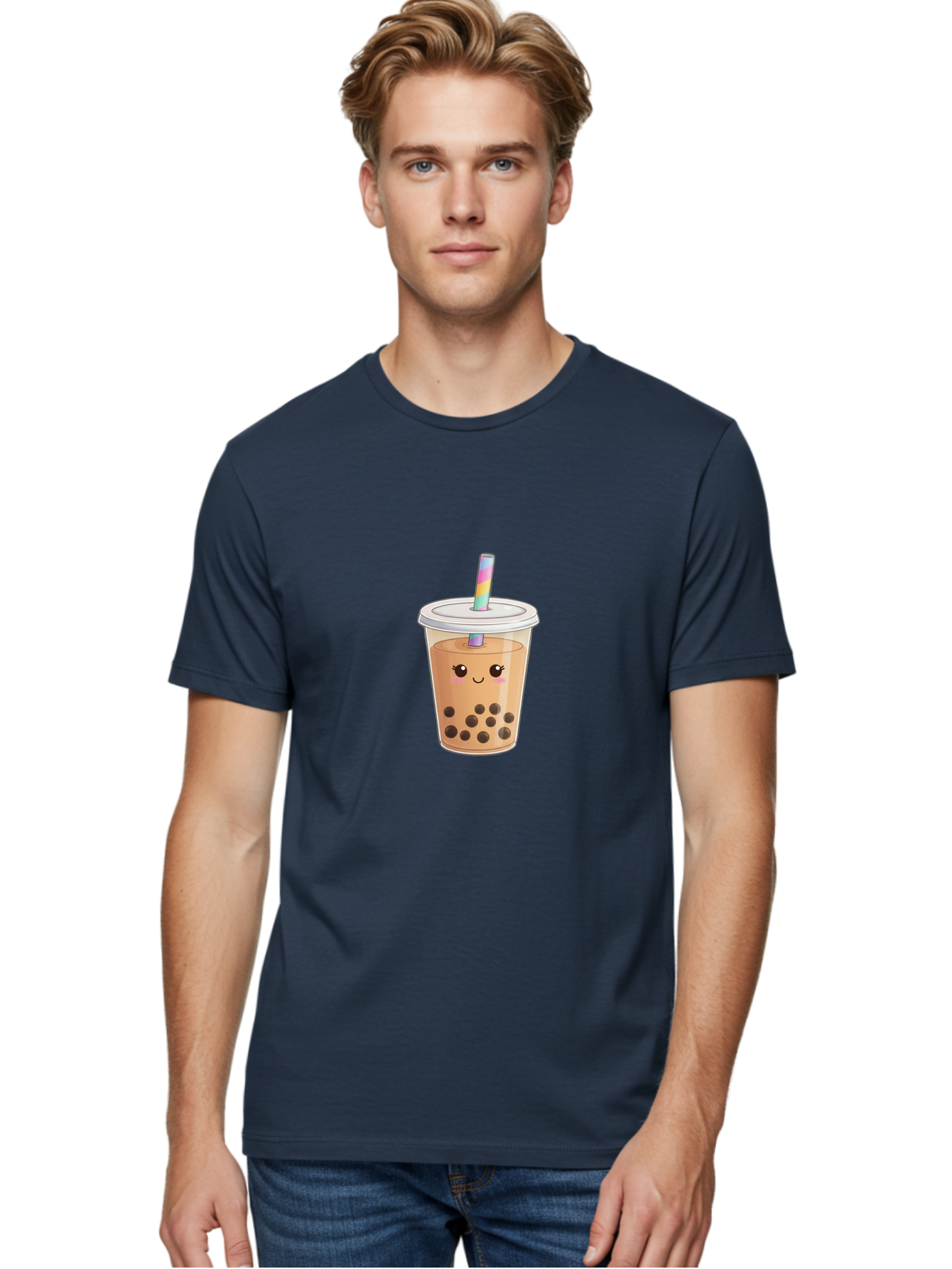 Bubble-Tea-4 Men'S Graphic Tee, 100% Cotton, Comfortable Casual Summer Wear, Machine Washable, Cute Boba Drink, Bubble Tea, Kawaii, Cartoon Beverage, Fun Straw, Adorable Face, Milk Tea, Tapioca Pearls, Smiling Drink, Playful Beverage, Bac706