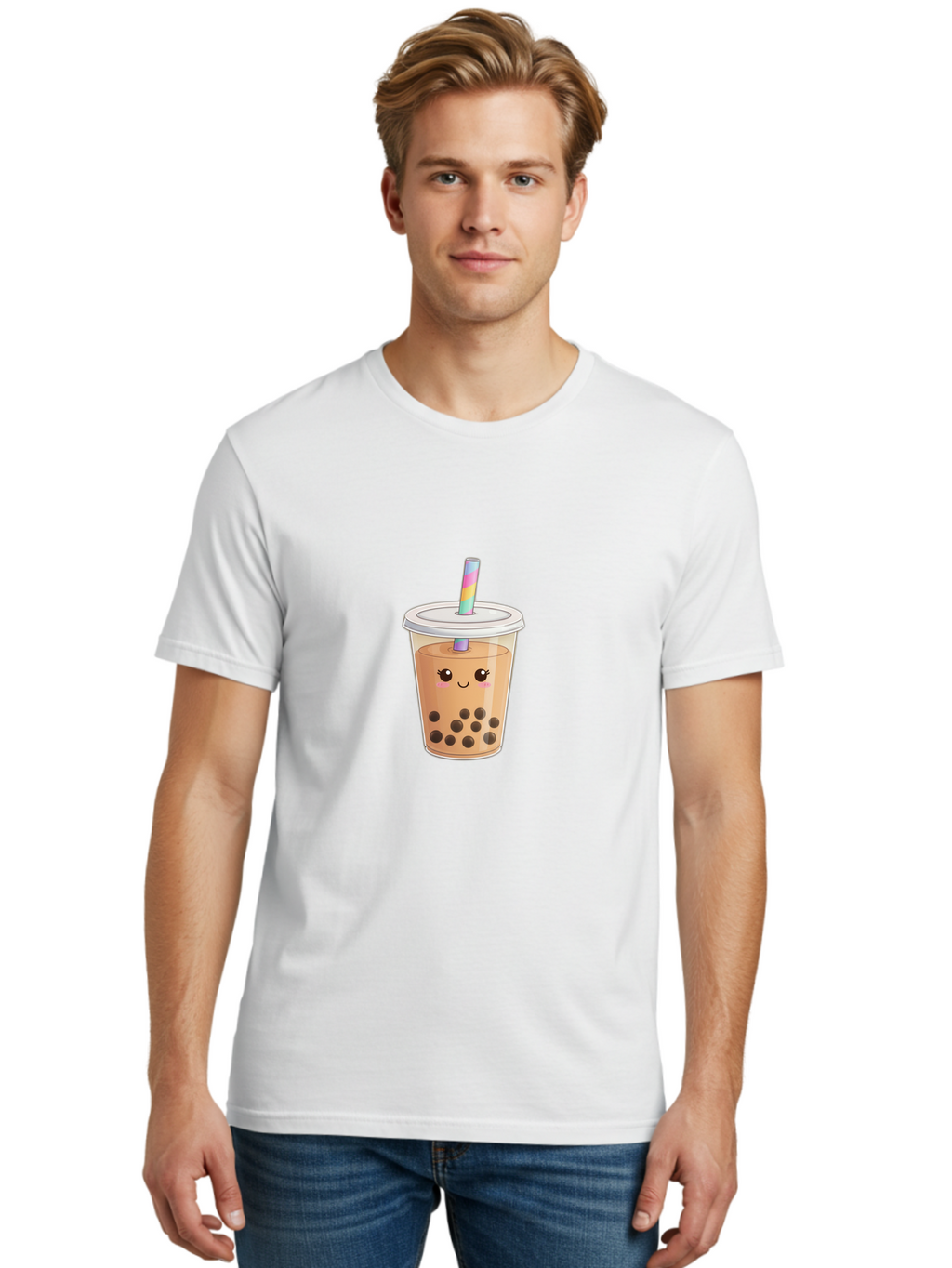 Bubble-Tea-4 Men'S Graphic Tee, 100% Cotton, Comfortable Casual Summer Wear, Machine Washable, Cute Boba Drink, Bubble Tea, Kawaii, Cartoon Beverage, Fun Straw, Adorable Face, Milk Tea, Tapioca Pearls, Smiling Drink, Playful Beverage, Bac706