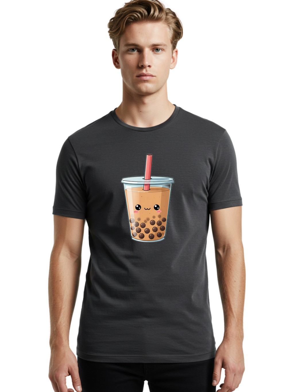 Bubble-Tea-5 Men'S Graphic Tee, 100% Cotton, Comfortable Casual Summer Wear, Machine Washable, Boba Tea, Milk Tea, Bubble Tea, Cute Drink, Cartoon Character, Adorable Face, Happy Expression, Brown Bubbles, Pink Straw, Iced Tea, Tea Culture, Bac707