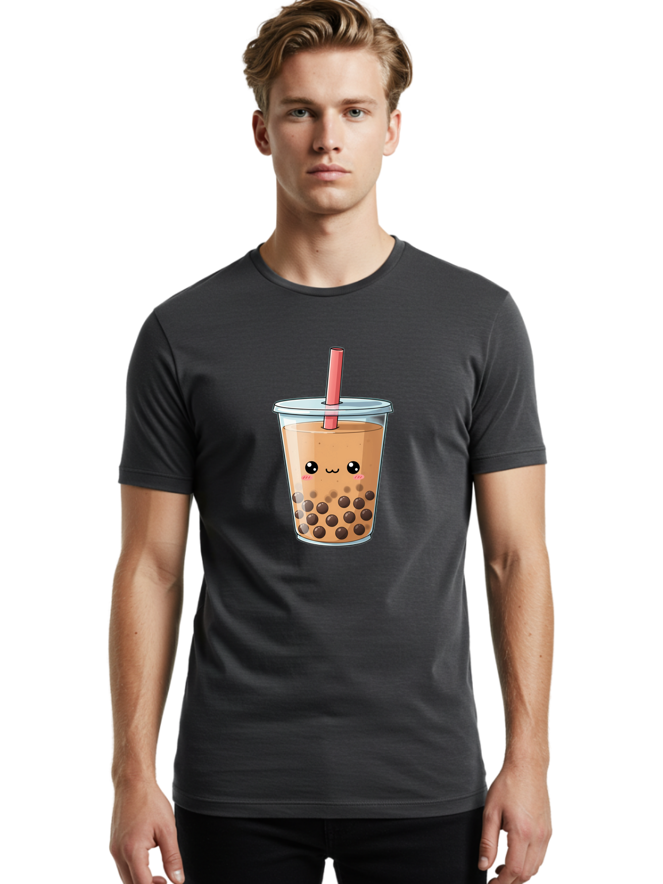 Bubble-Tea-5 Men'S Graphic Tee, 100% Cotton, Comfortable Casual Summer Wear, Machine Washable, Boba Tea, Milk Tea, Bubble Tea, Cute Drink, Cartoon Character, Adorable Face, Happy Expression, Brown Bubbles, Pink Straw, Iced Tea, Tea Culture, Bac707